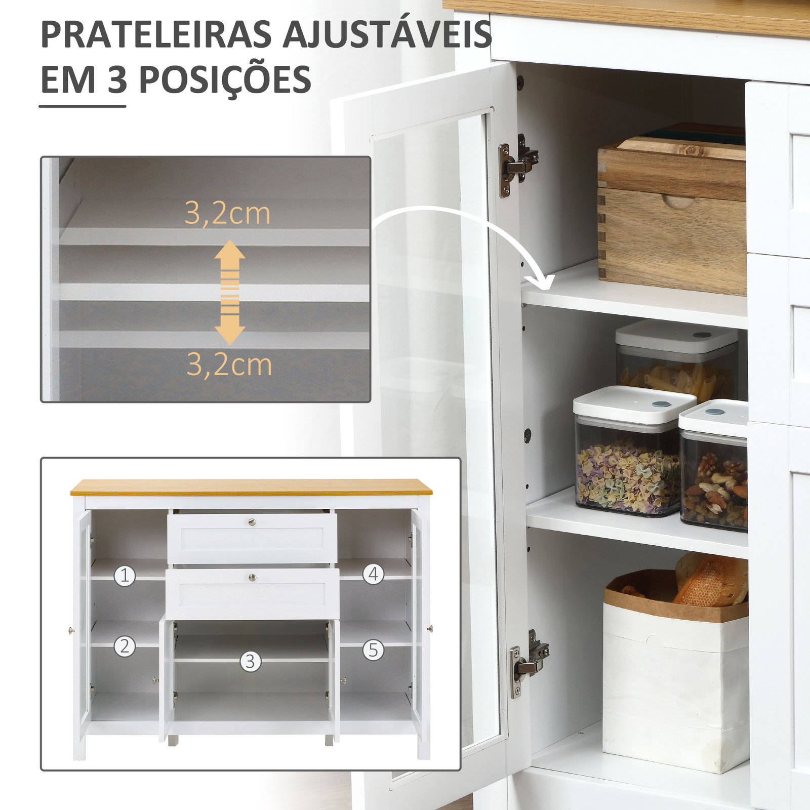 Aparador de cozinha com armário 2 gavetas 2 portas de vidro e prateleiras ajustáveis móvel auxiliar de armazenamento para sala de jantar sala de estar 120x40x90cm branco