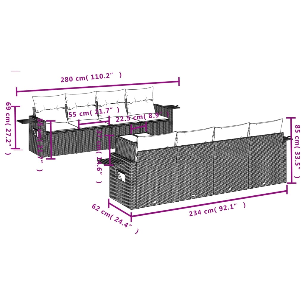 9 Pcs conjunto de sofás p/ jardim com almofadões vime PE bege