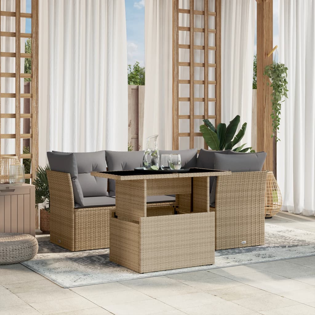 5 Pcs conjunto de sofás p/ jardim com almofadões vime PE bege