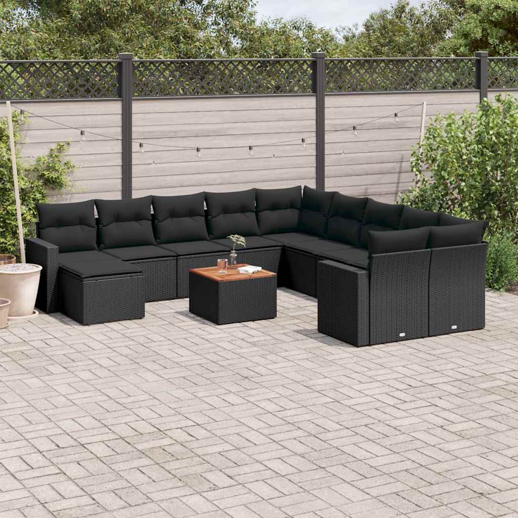 12 Pcs conjunto de sofás de jardim c/ almofadões vime PE preto