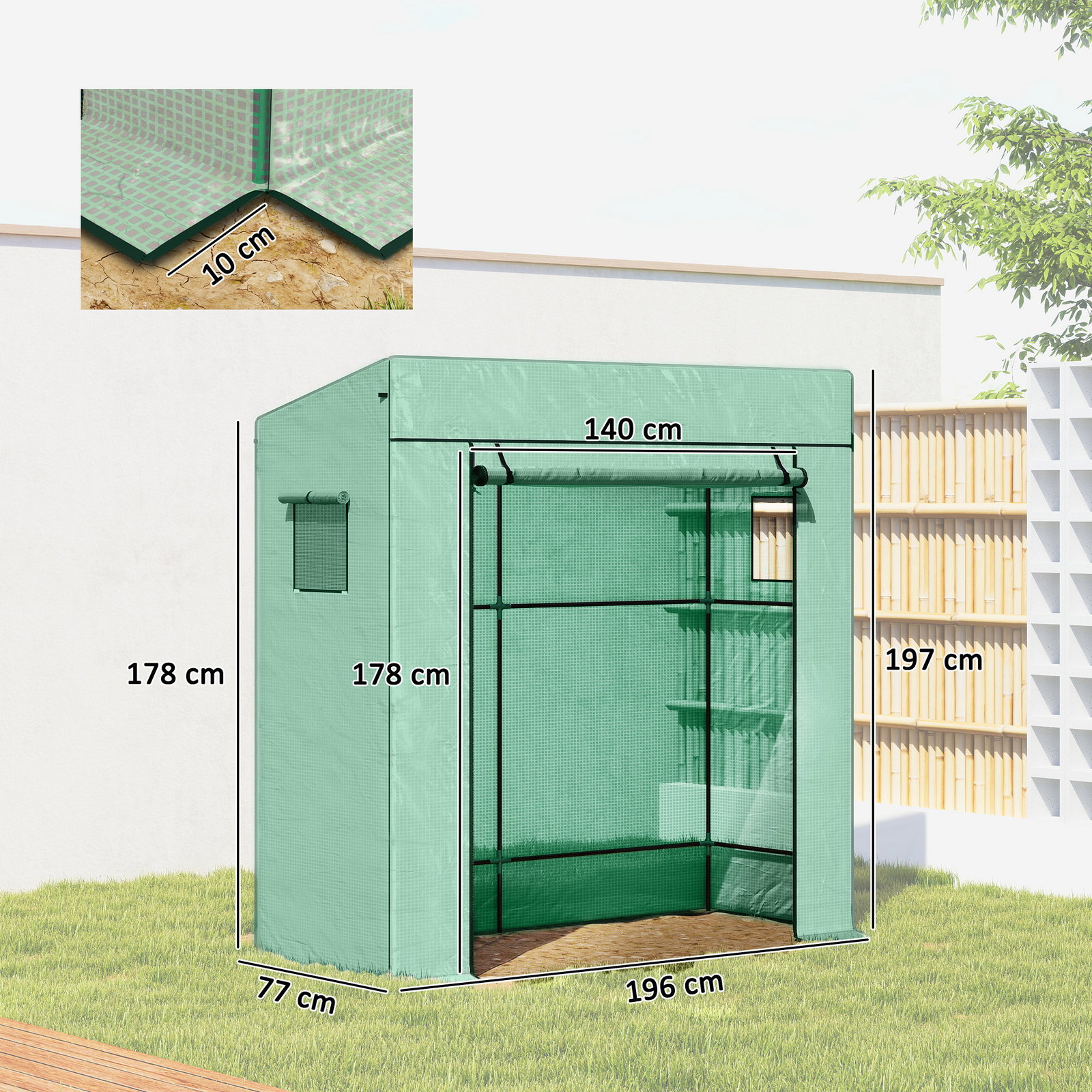 Estufa de exterior com janelas de malha e porta com fecho de correr estufa para cultivar plantas e flores 196x77x197 cm verde