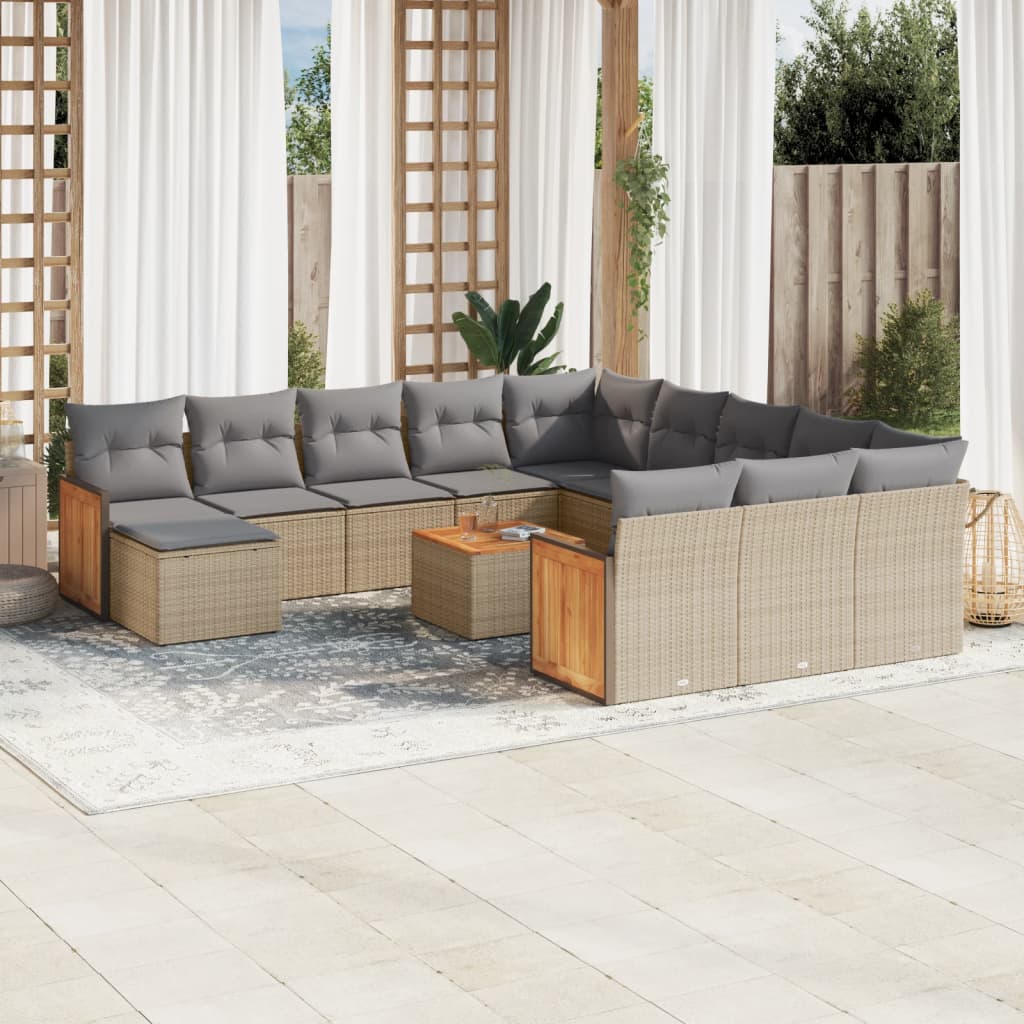13 Pcs conjunto de sofás p/ jardim com almofadões vime PE bege
