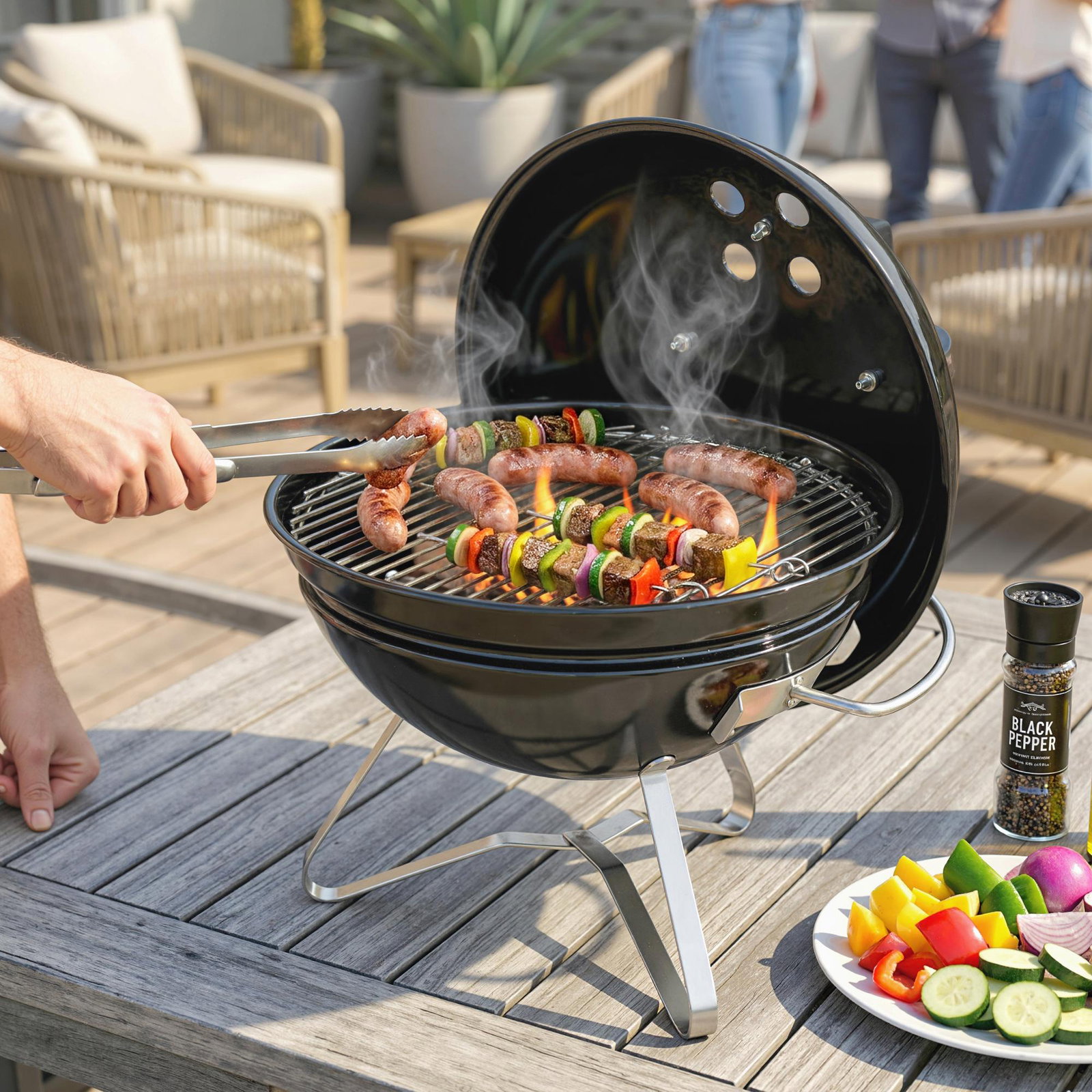 Barbecue de carvão portátil com tampa suporte grelha ventilação ajustável ø41x44 cm preto