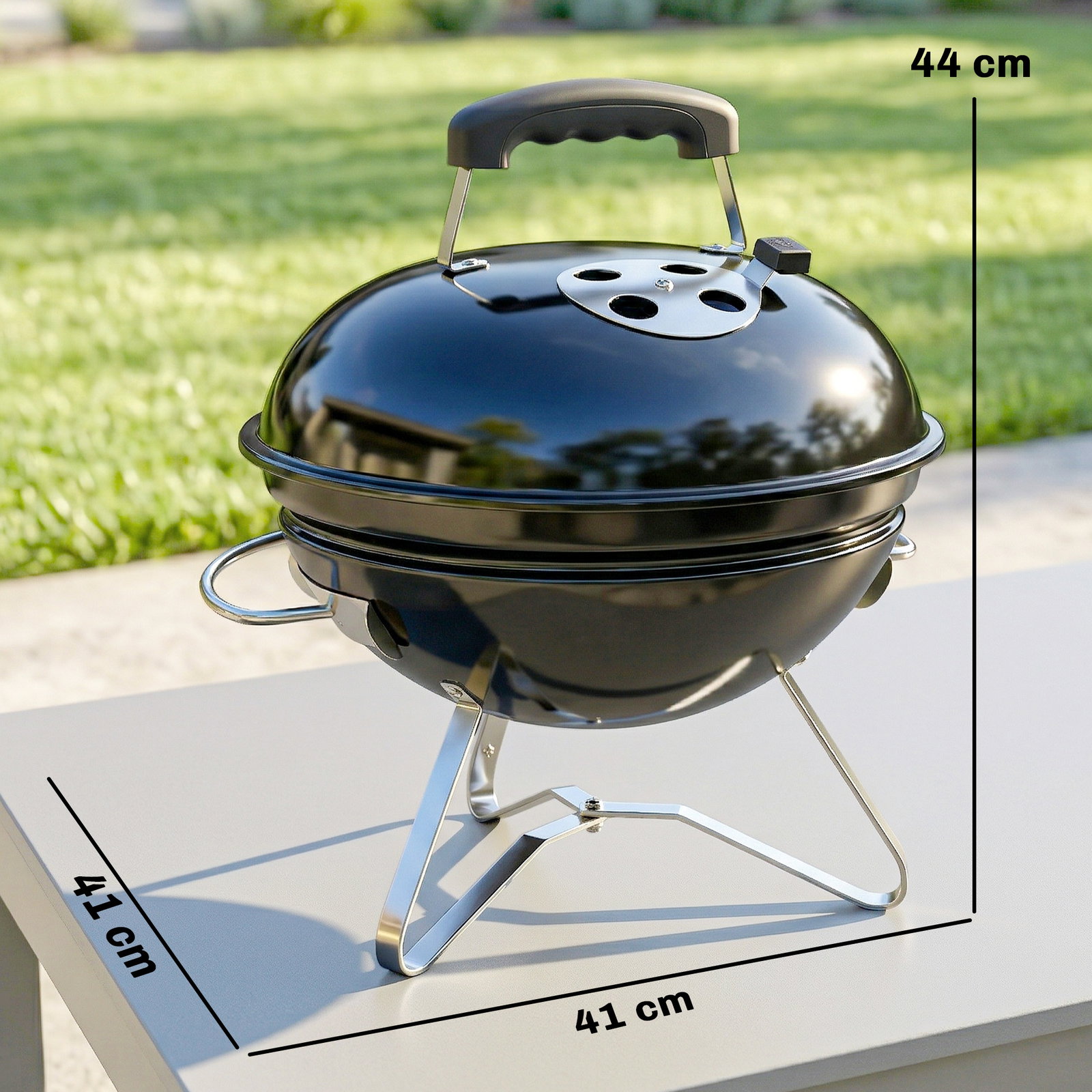 Barbecue de carvão portátil com tampa suporte grelha ventilação ajustável ø41x44 cm preto