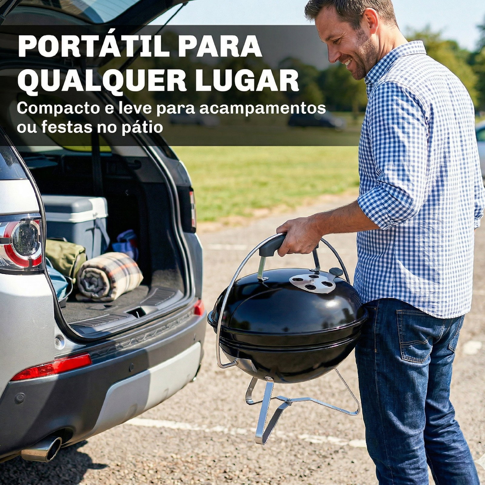 Barbecue de carvão portátil com tampa suporte grelha ventilação ajustável ø41x44 cm preto