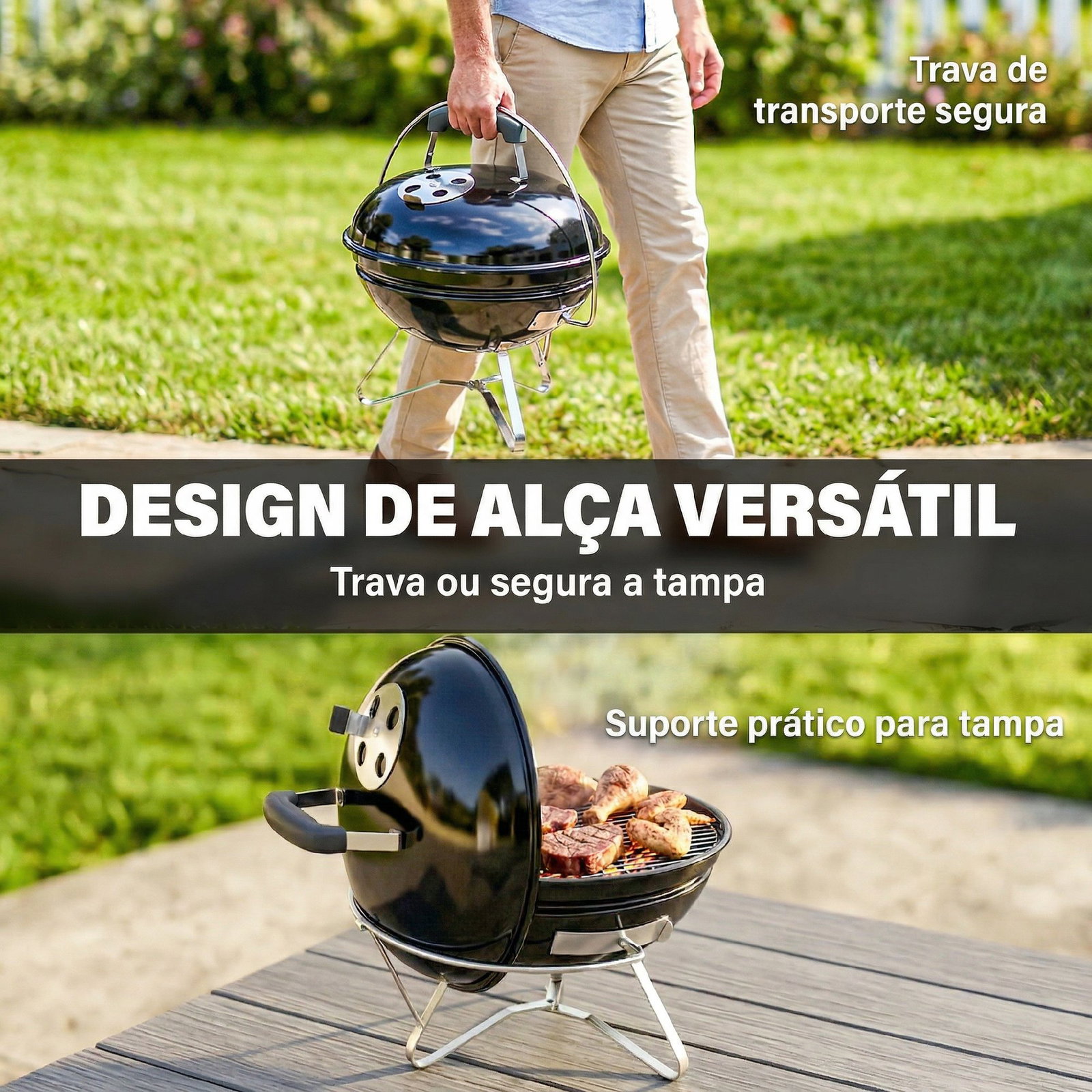 Barbecue de carvão portátil com tampa suporte grelha ventilação ajustável ø41x44 cm preto