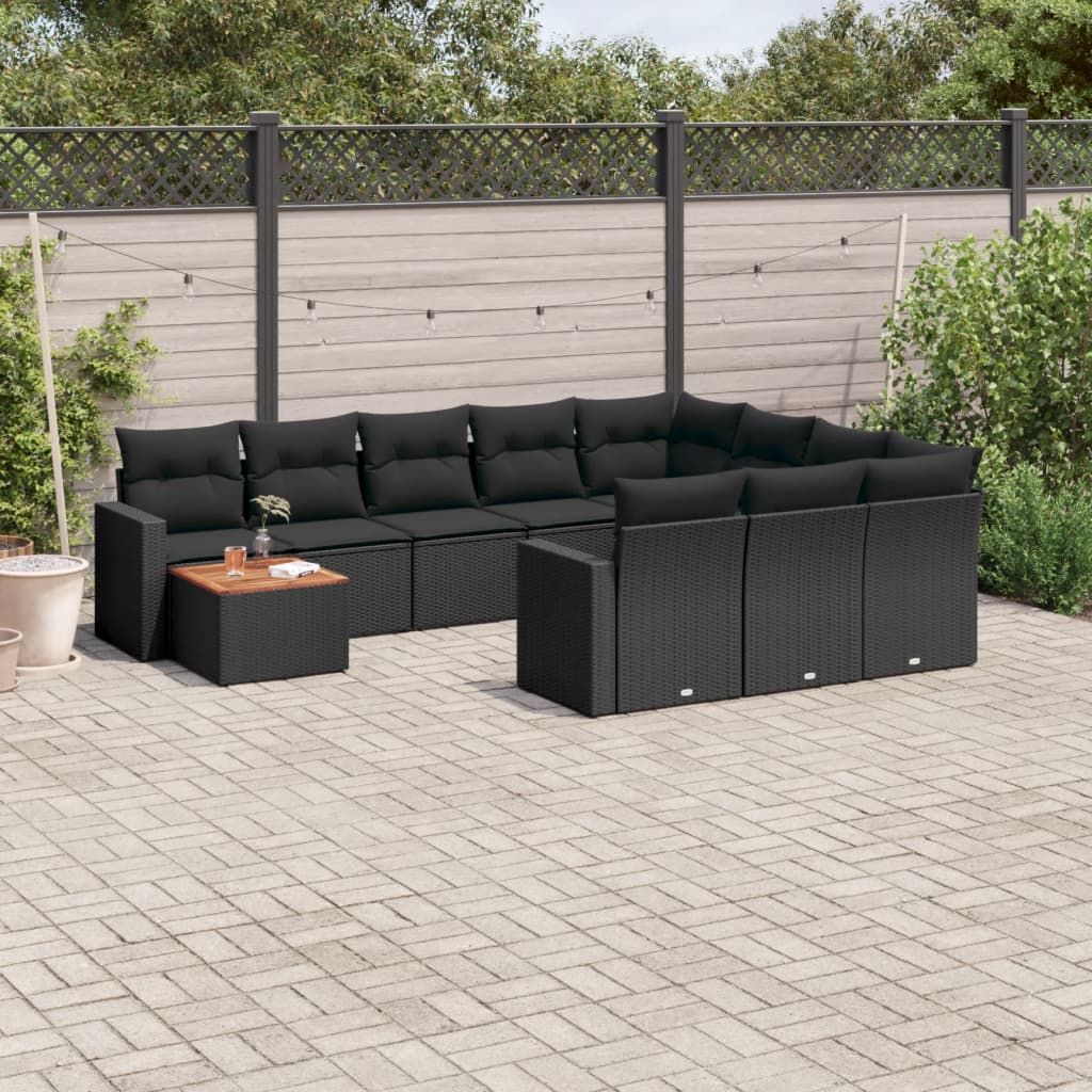 11 Pcs conjunto sofás de jardim c/ almofadões vime PE preto