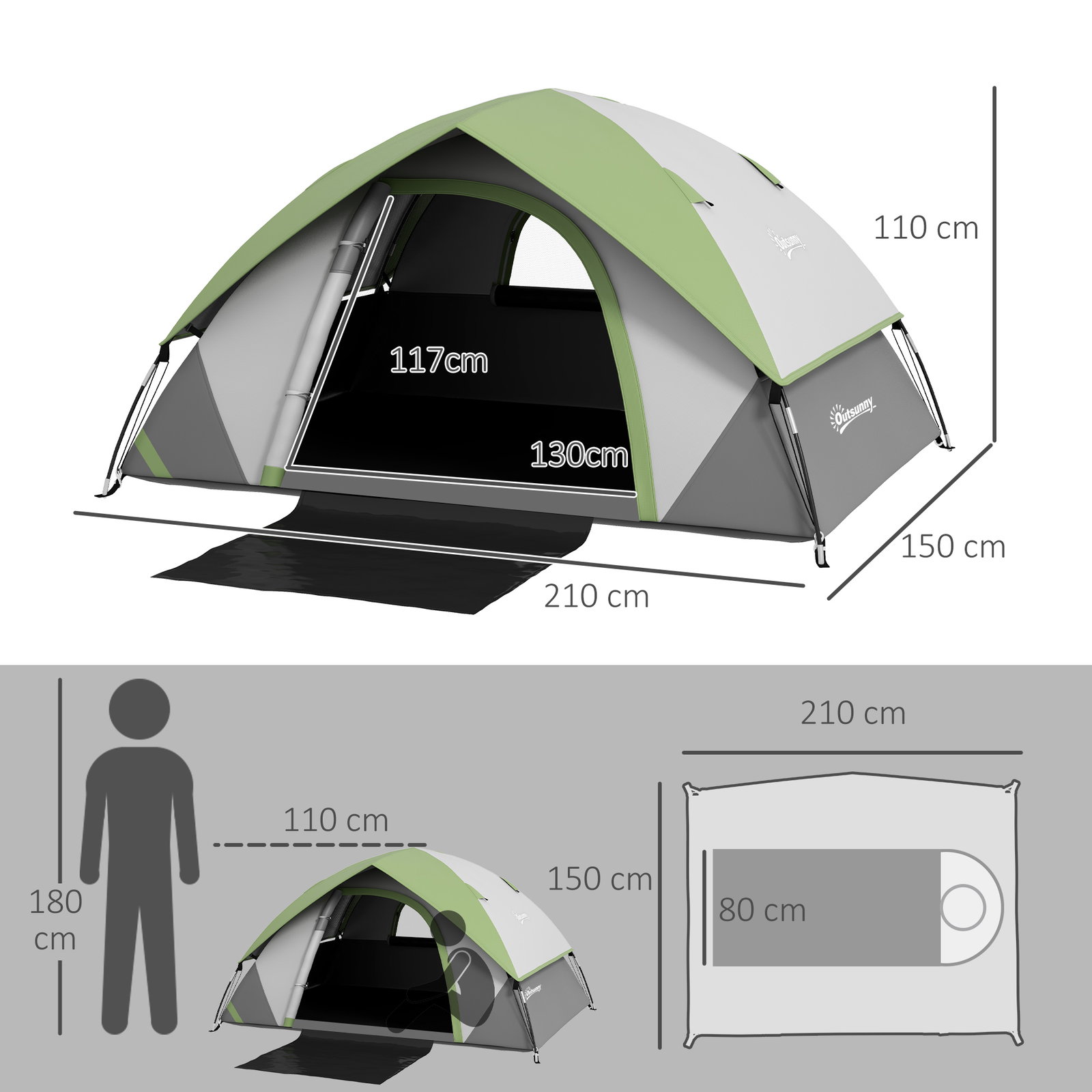 Tenda de campismo dobrável para 1-2 pessoas com janela e bolsa de transporte impermeável 3000 mm 210x110x150 cm verde