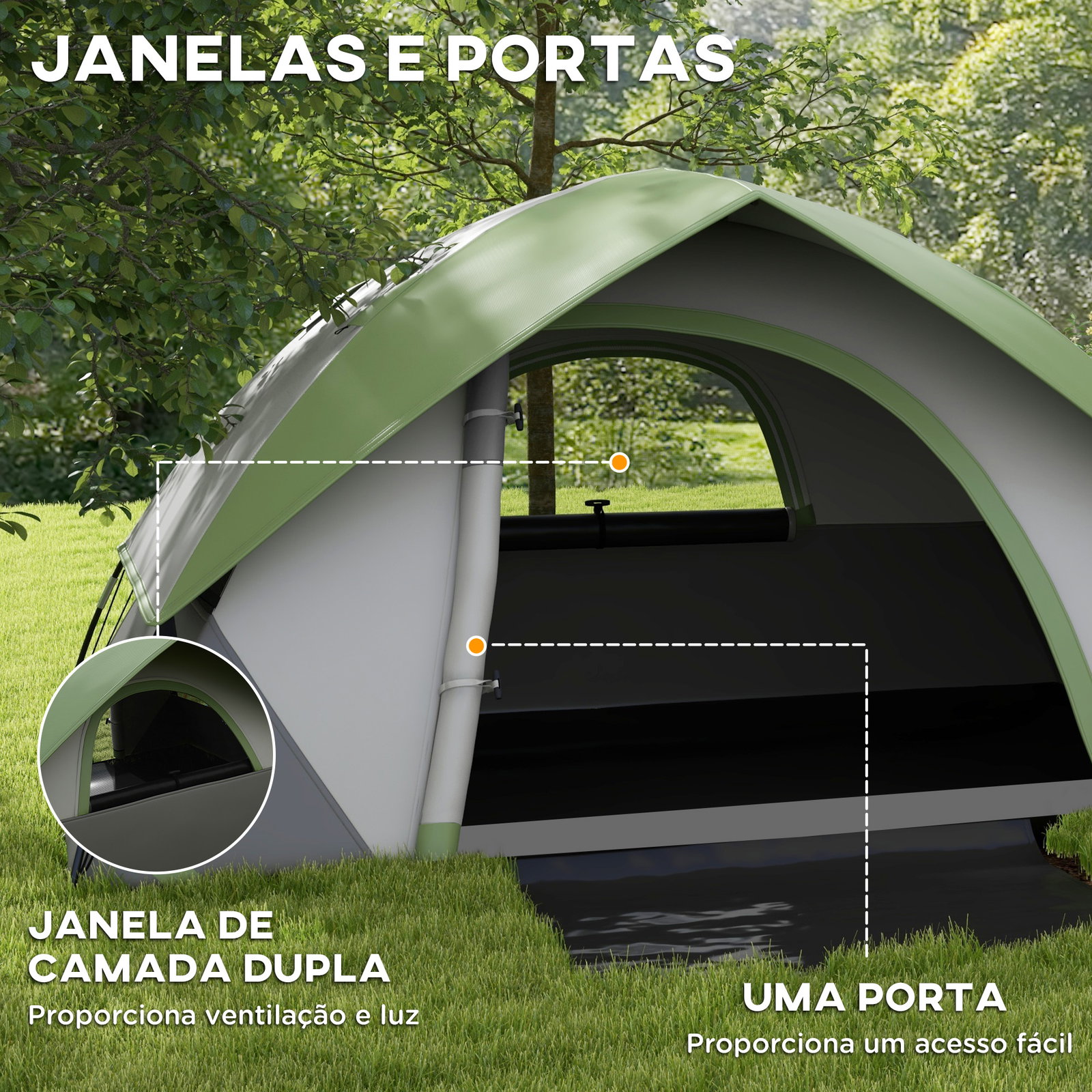 Tenda de campismo dobrável para 1-2 pessoas com janela e bolsa de transporte impermeável 3000 mm 210x110x150 cm verde