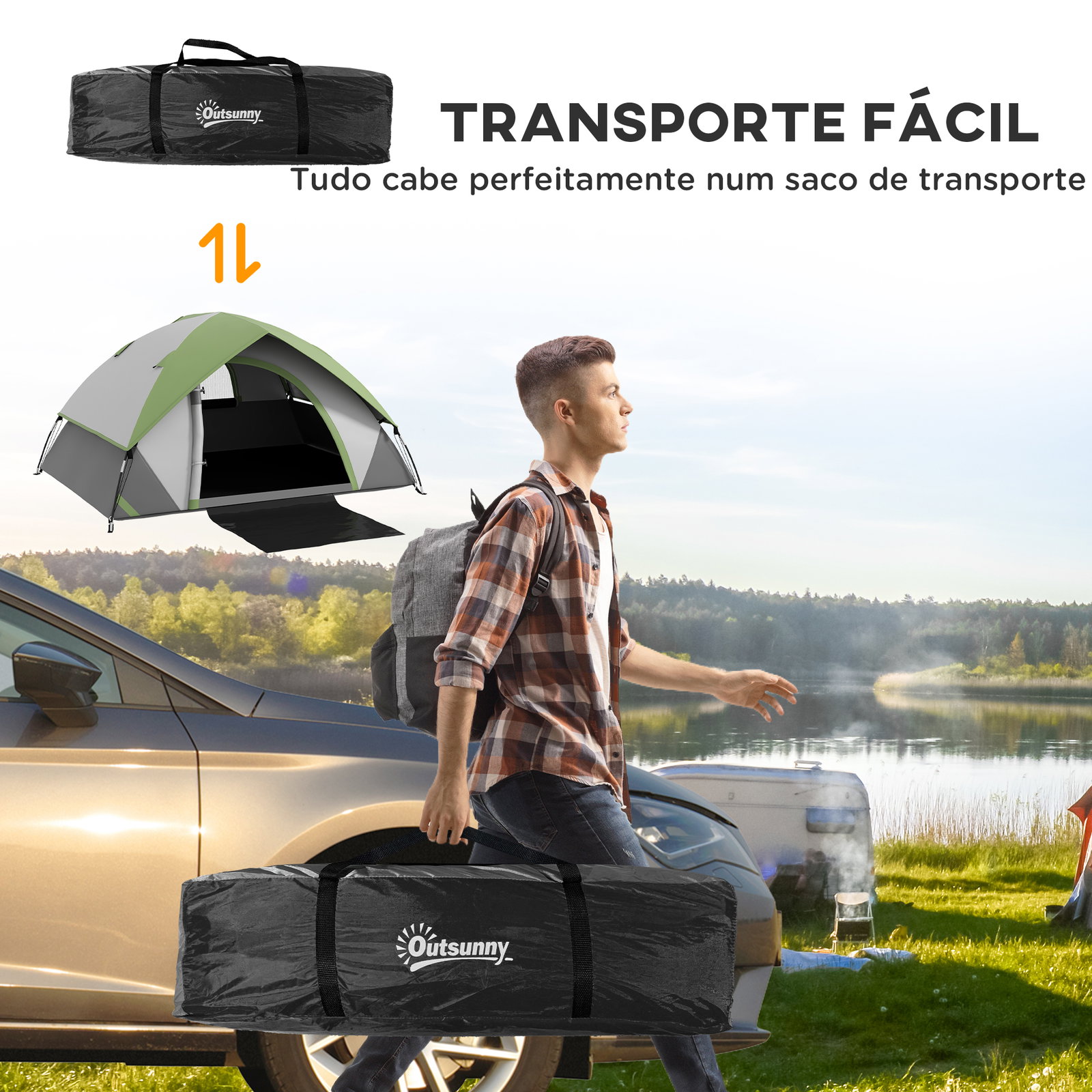 Tenda de campismo dobrável para 1-2 pessoas com janela e bolsa de transporte impermeável 3000 mm 210x110x150 cm verde