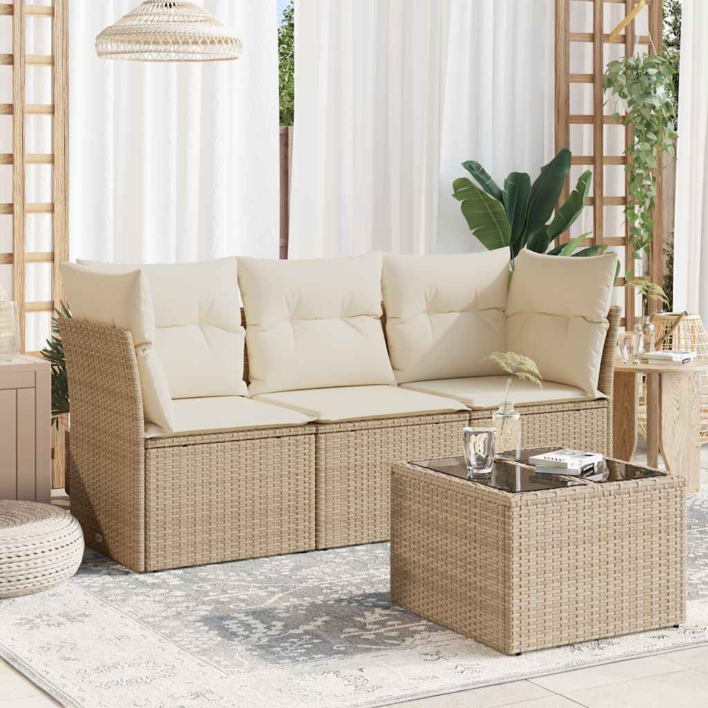 4 Pcs conjunto de sofás para jardim c/ almofadões vime PE bege
