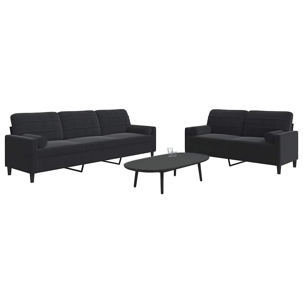 2 Pcs conjunto de sofás com almofadões e rolos veludo preto