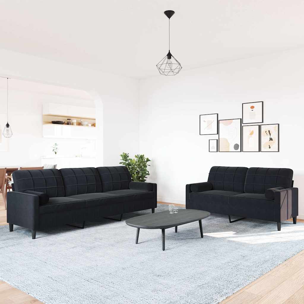2 Pcs conjunto de sofás com almofadões e rolos veludo preto
