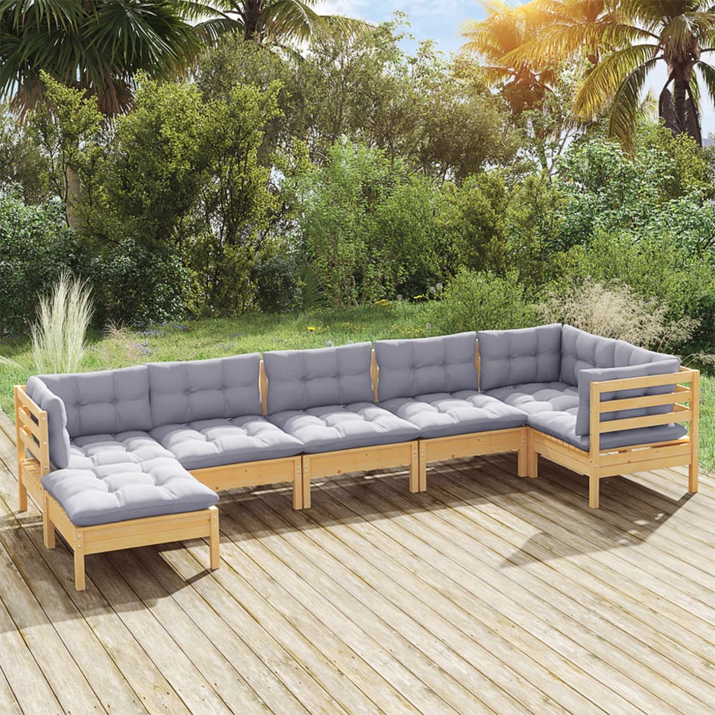 7 Pcs conjunto lounge de jardim + almofadões cinza pinho maciço