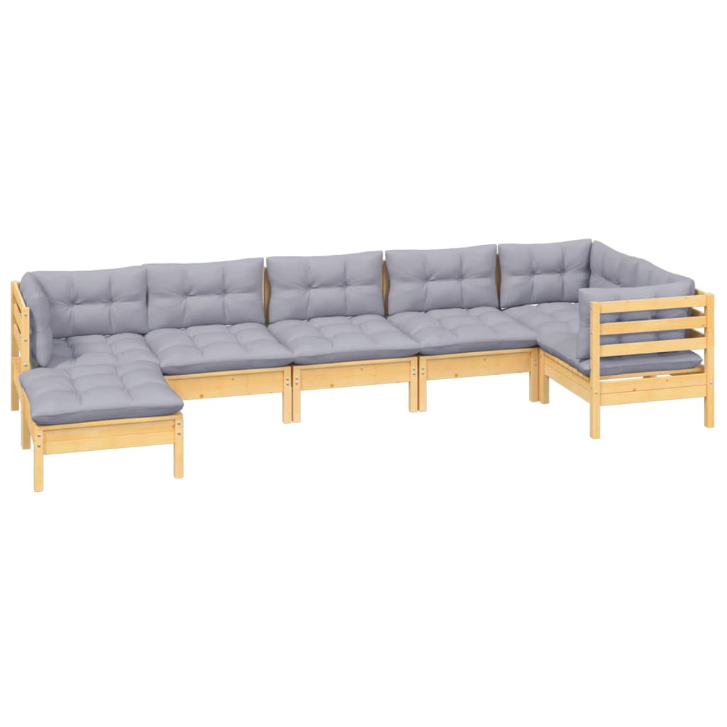 7 Pcs conjunto lounge de jardim + almofadões cinza pinho maciço
