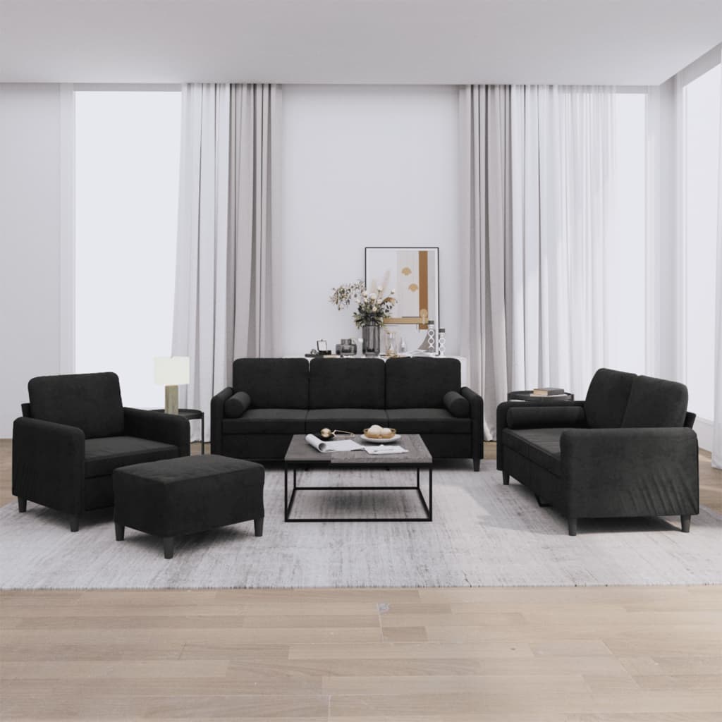 4 Pcs conjunto de sofás com almofadas veludo preto