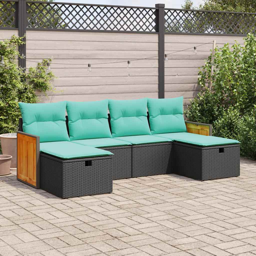 6 Pcs conjunto sofás de jardim c/ almofadões vime PE preto