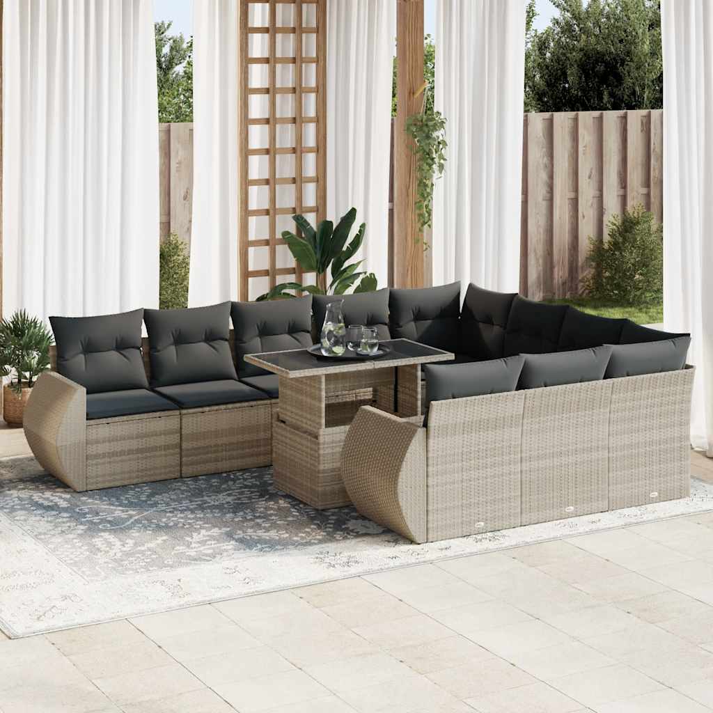 11 Pcs conjunto sofás de jardim c/ almofadões vime PE cinzento