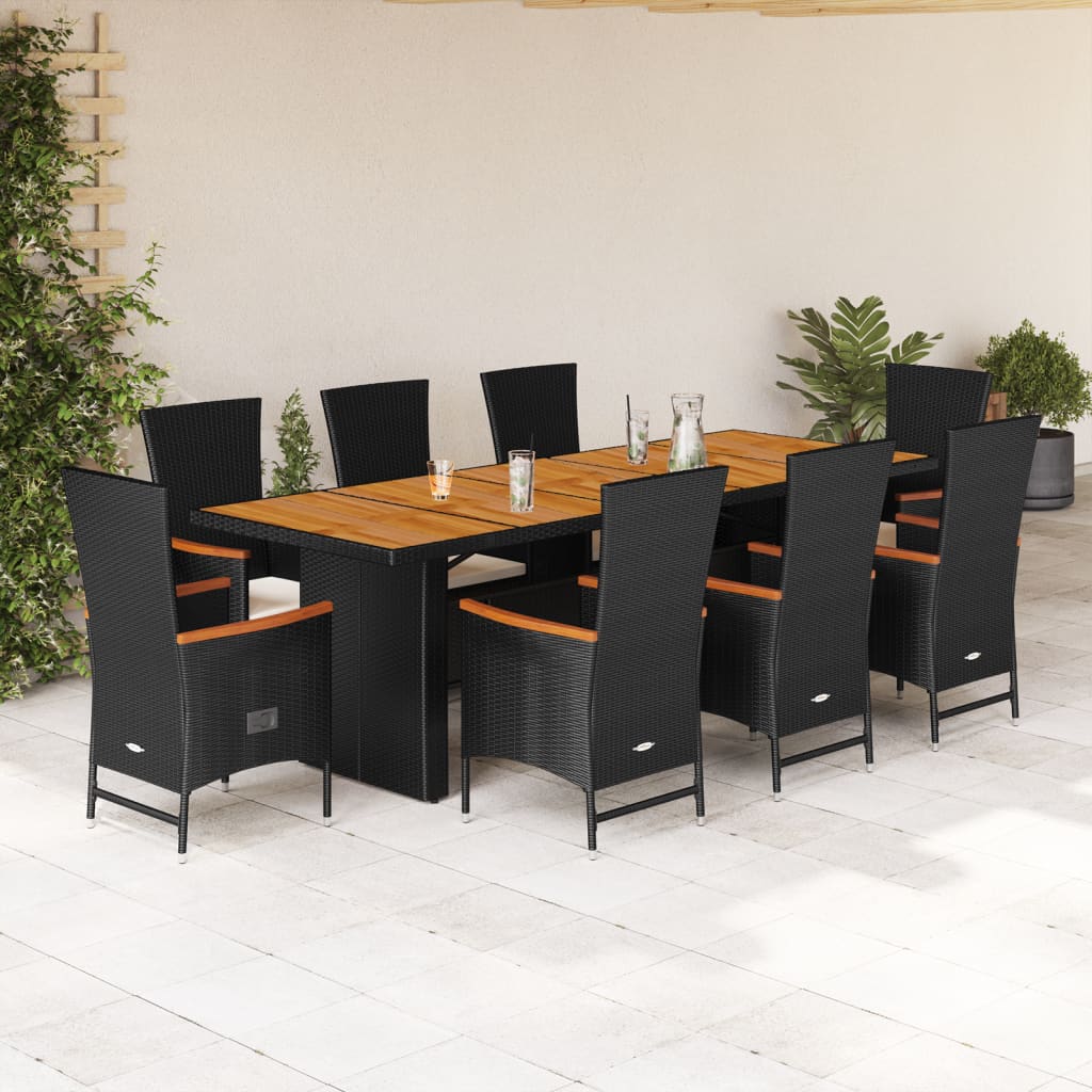 9 Pcs conjunto de jantar p/ jardim c/ almofadões vime PE preto