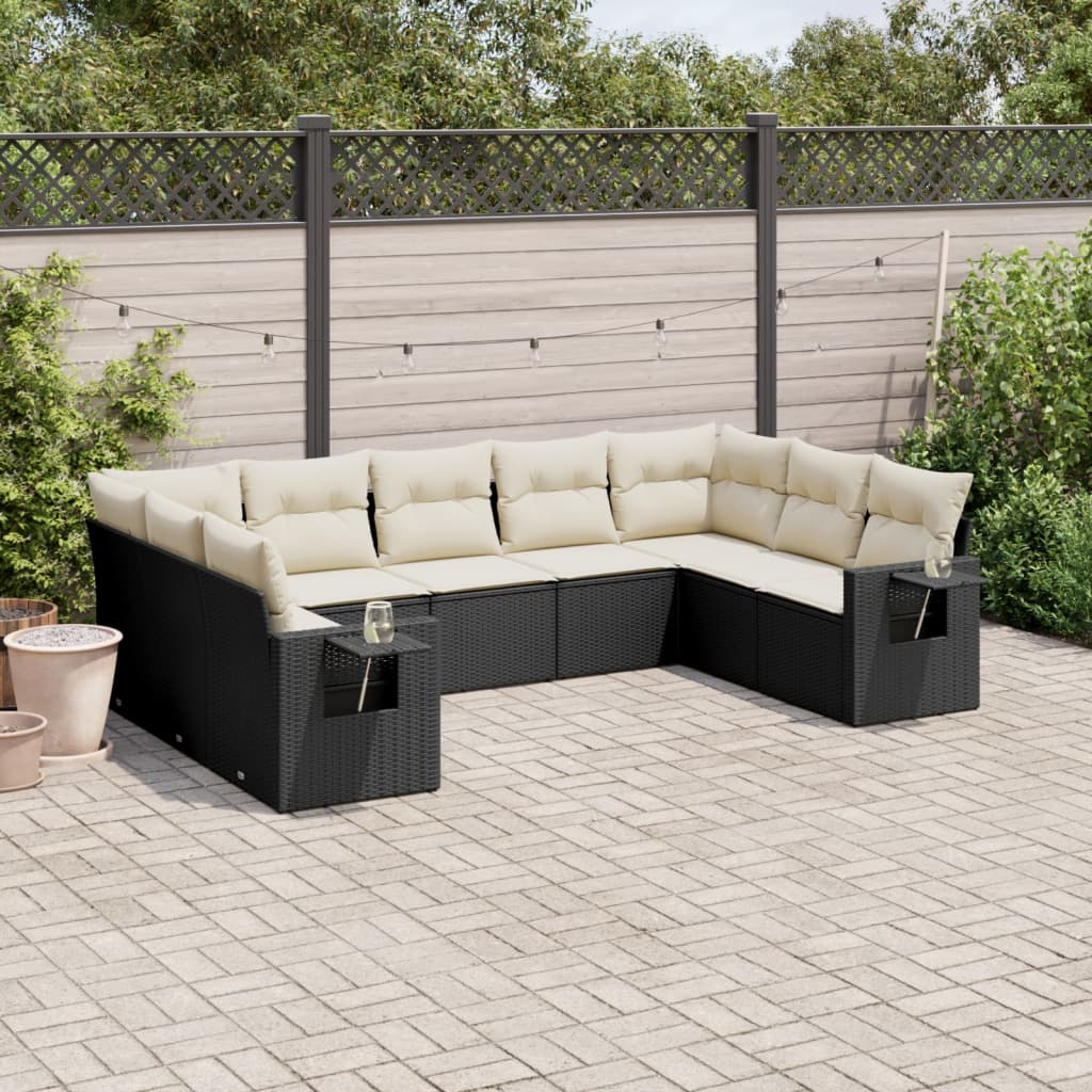 9 Pcs conjunto de sofás p/ jardim c/ almofadões vime PE preto