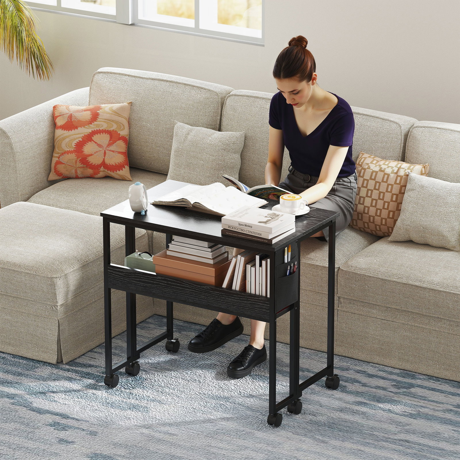 Secretária dobrável com rodas prateleira e bolso de armazenamento ideal para espaços pequenos 80x50x75 cm preto