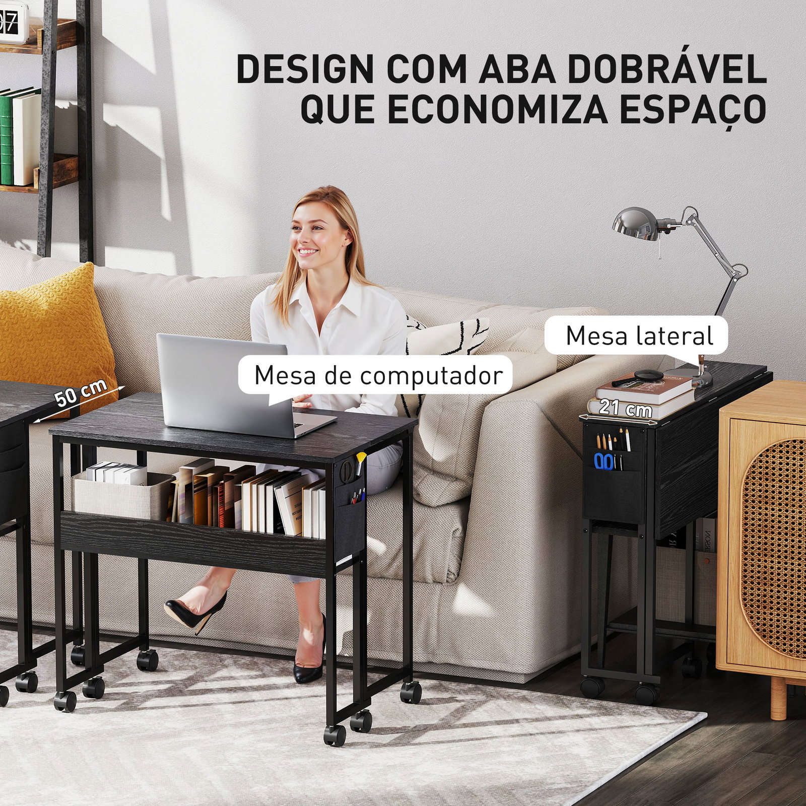 Secretária dobrável com rodas prateleira e bolso de armazenamento ideal para espaços pequenos 80x50x75 cm preto