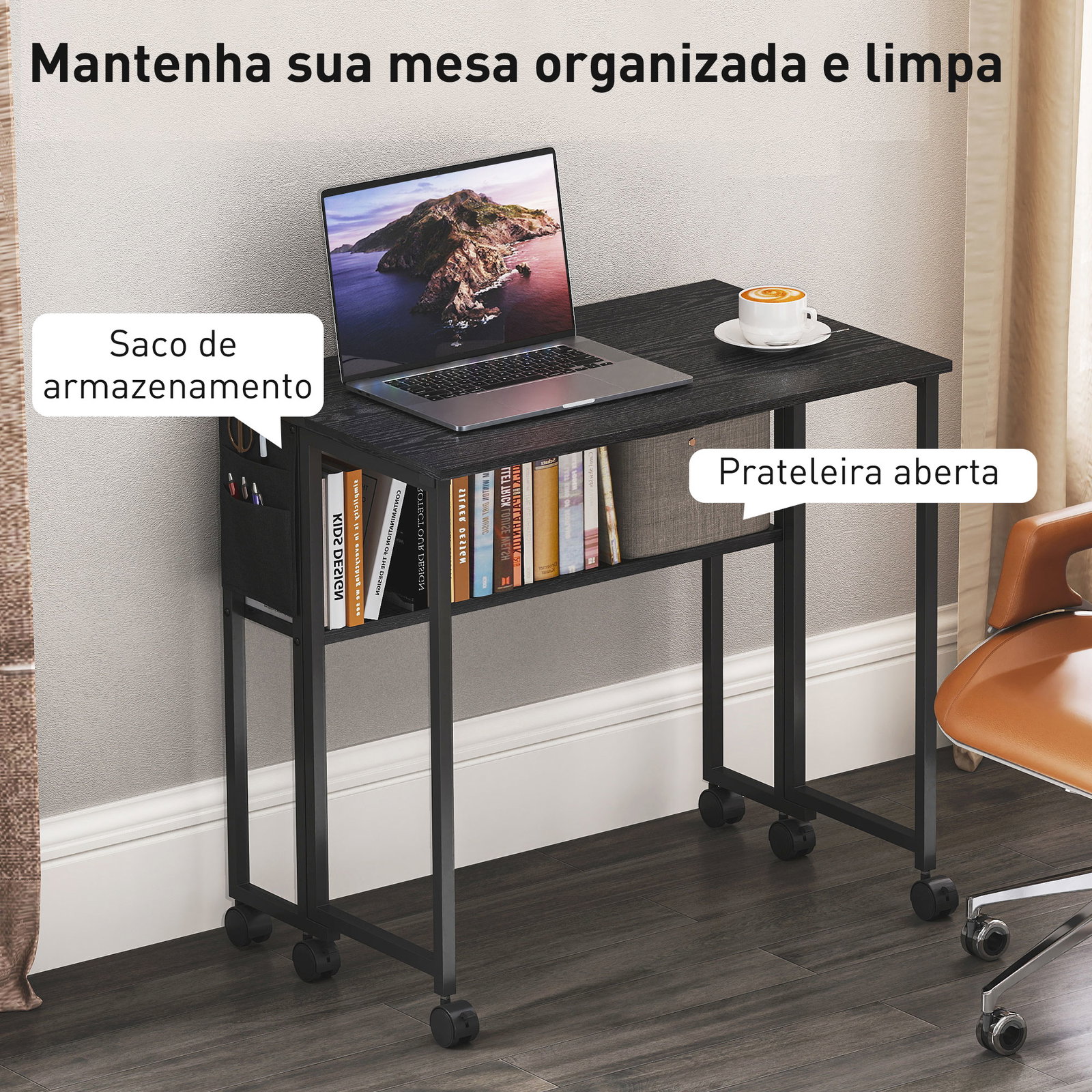 Secretária dobrável com rodas prateleira e bolso de armazenamento ideal para espaços pequenos 80x50x75 cm preto