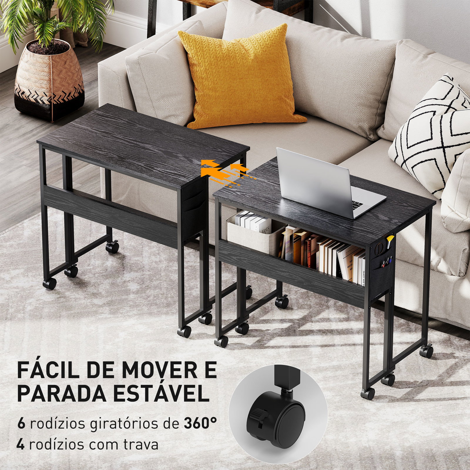 Secretária dobrável com rodas prateleira e bolso de armazenamento ideal para espaços pequenos 80x50x75 cm preto