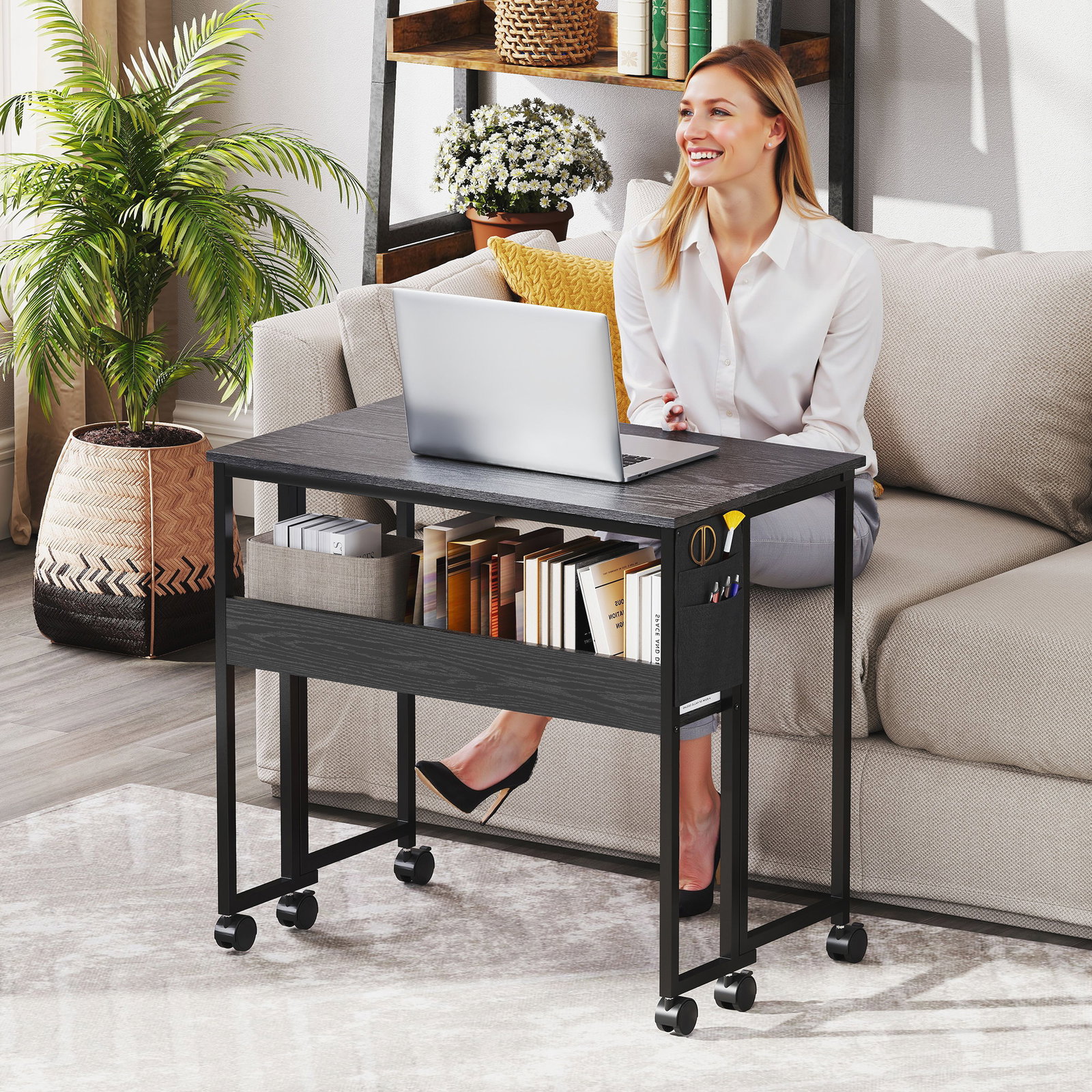 Secretária dobrável com rodas prateleira e bolso de armazenamento ideal para espaços pequenos 80x50x75 cm preto