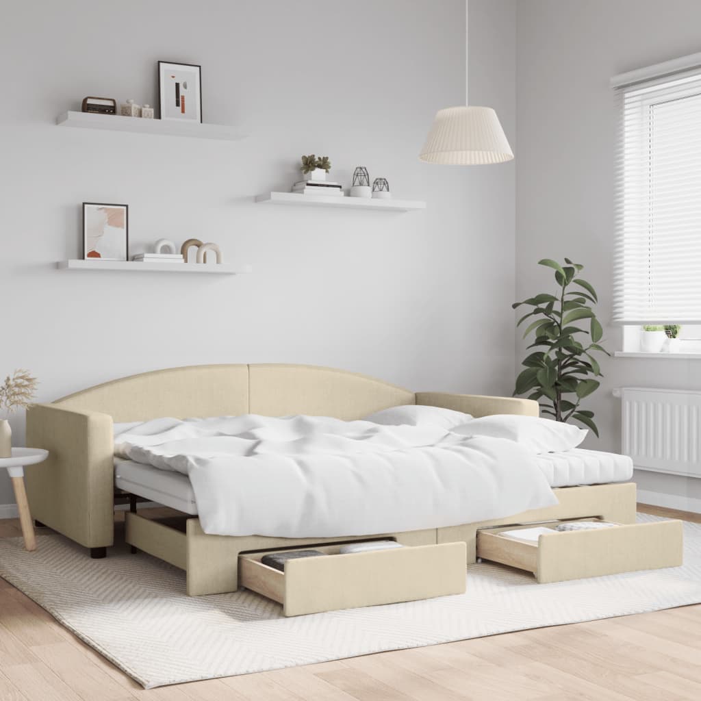 Sofá-cama com gavetão e gavetas 90x200 cm tecido cor creme