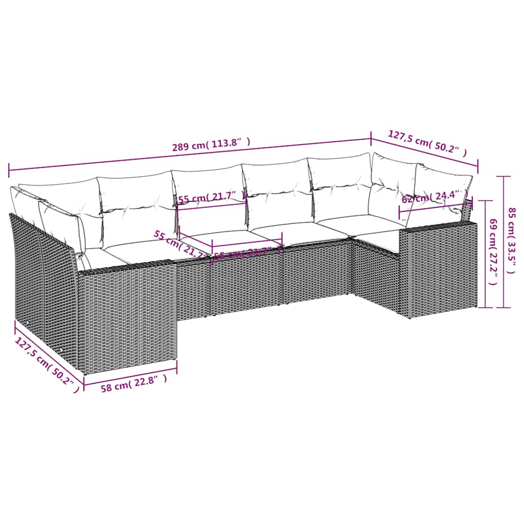 7 Pcs conjunto de sofás p/ jardim c/ almofadões vime PE preto