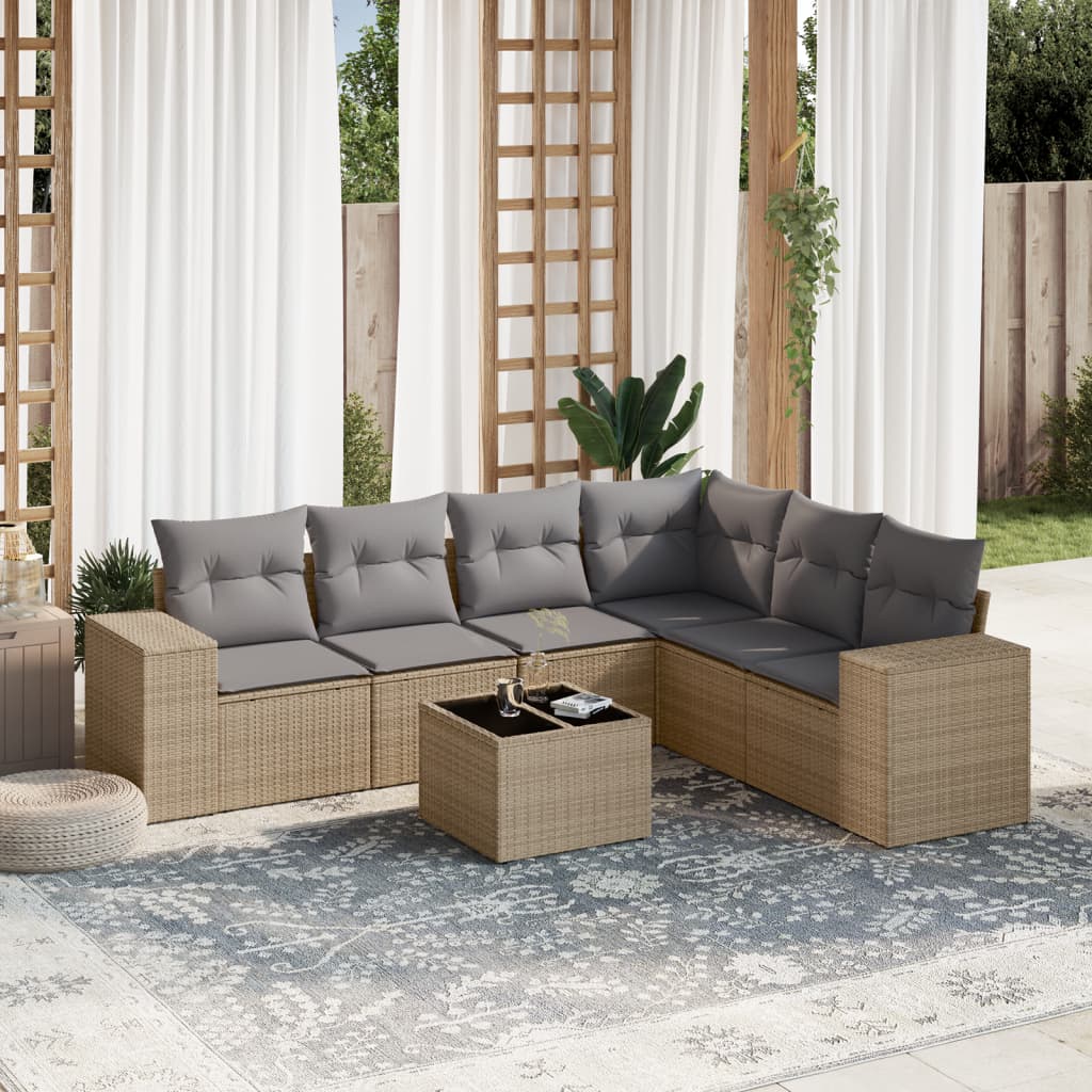 7 Pcs conjunto de sofás p/ jardim com almofadões vime PE bege