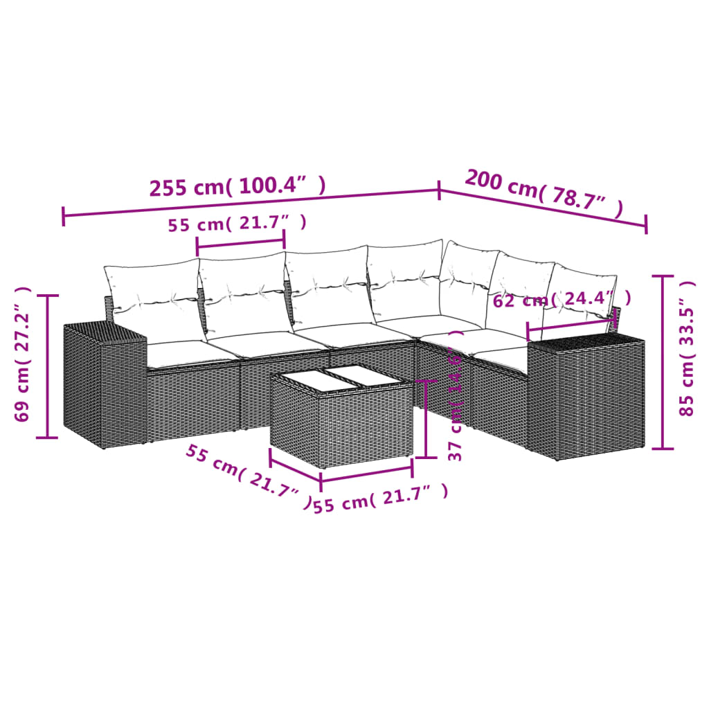 7 Pcs conjunto de sofás p/ jardim com almofadões vime PE bege