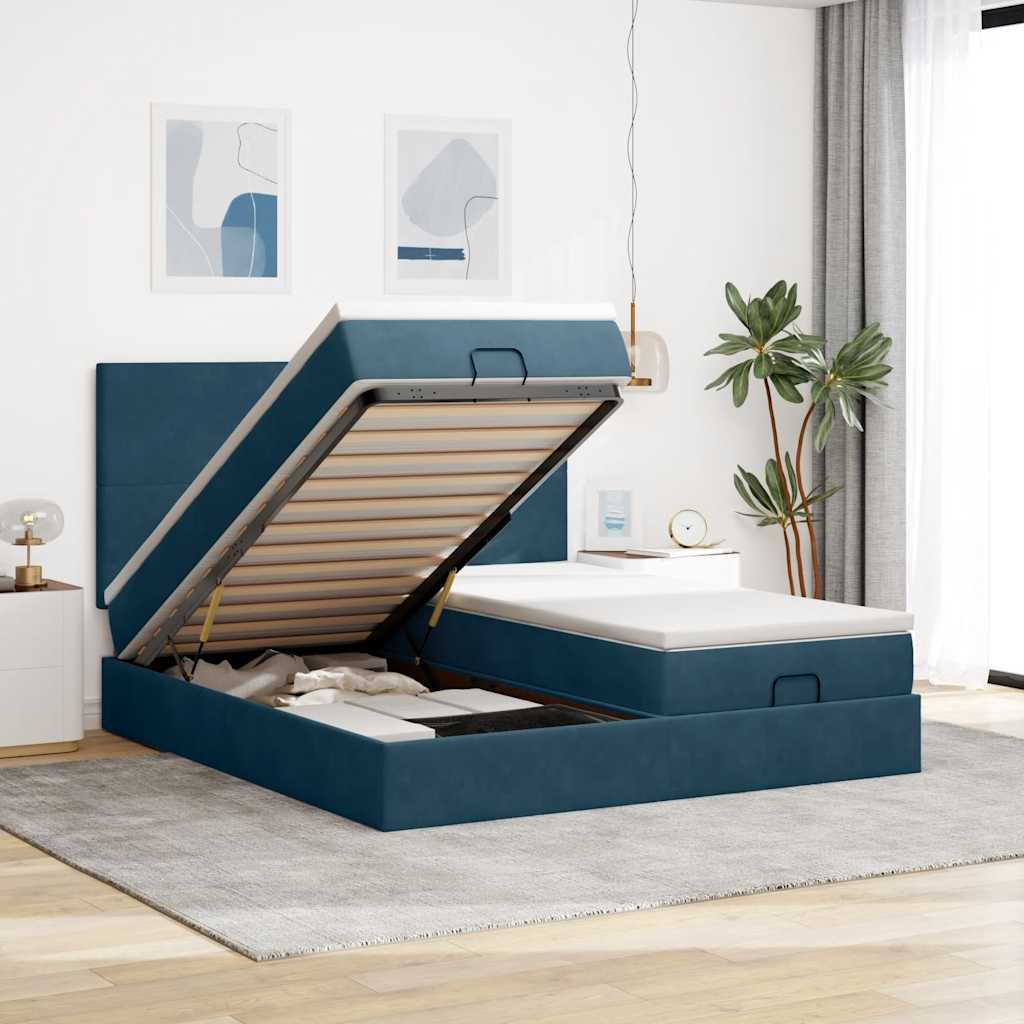 Cama otomana com colchões/leds 200x200 cm veludo azul-escuro