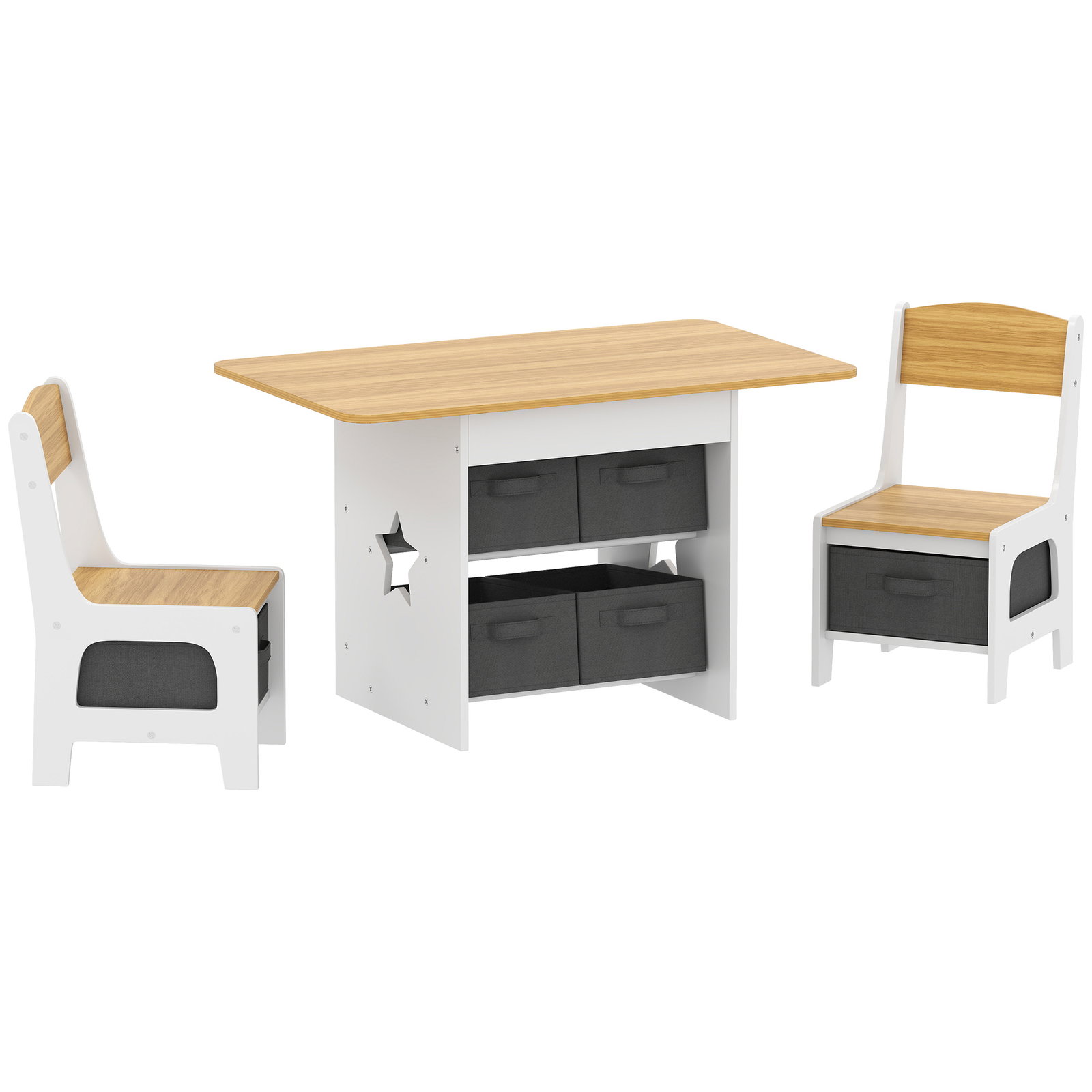 Mesa infantil com 2 cadeiras mesa e cadeiras para crianças com 6 gavetas de tecido desenho estrelas madeira e branco