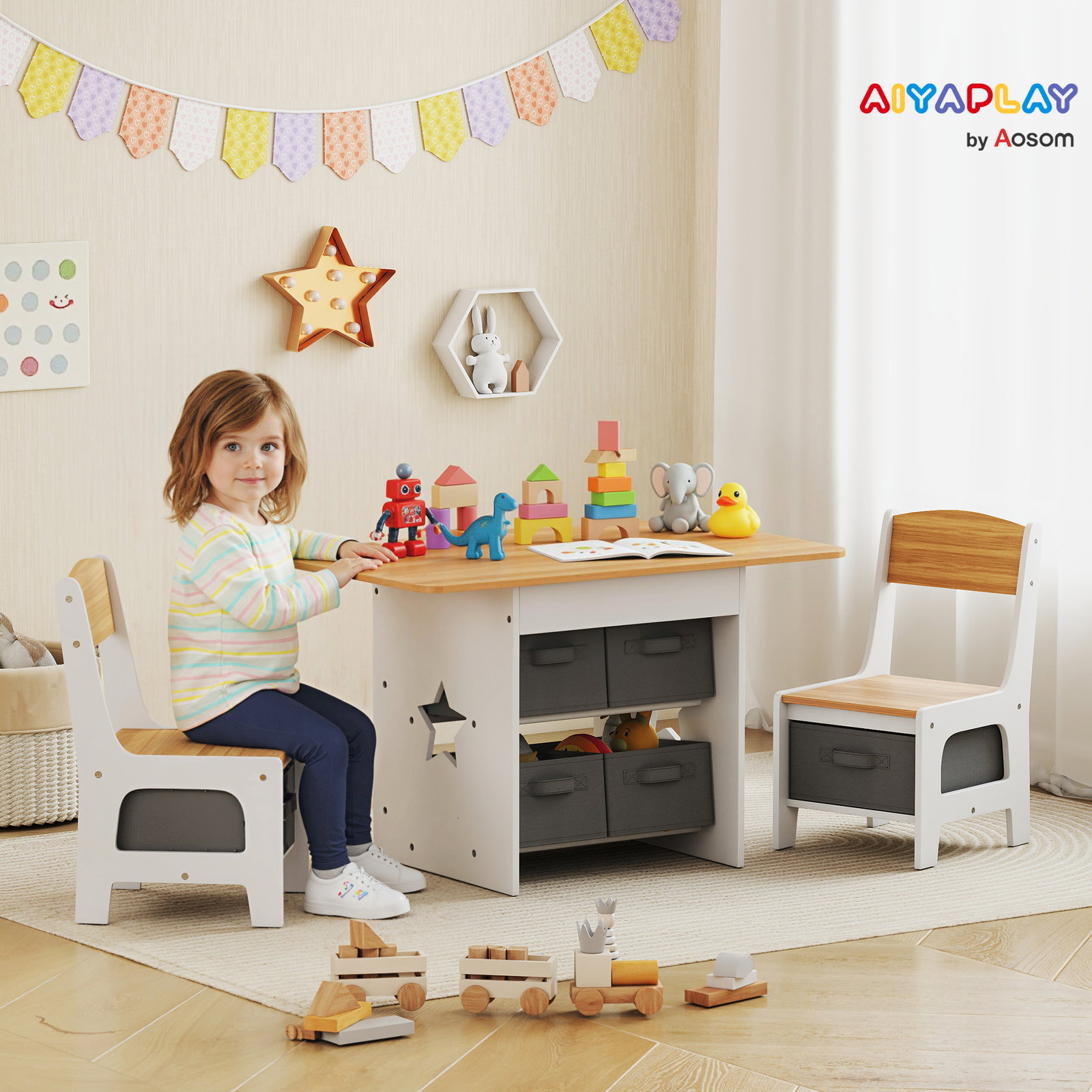 Mesa infantil com 2 cadeiras mesa e cadeiras para crianças com 6 gavetas de tecido desenho estrelas madeira e branco