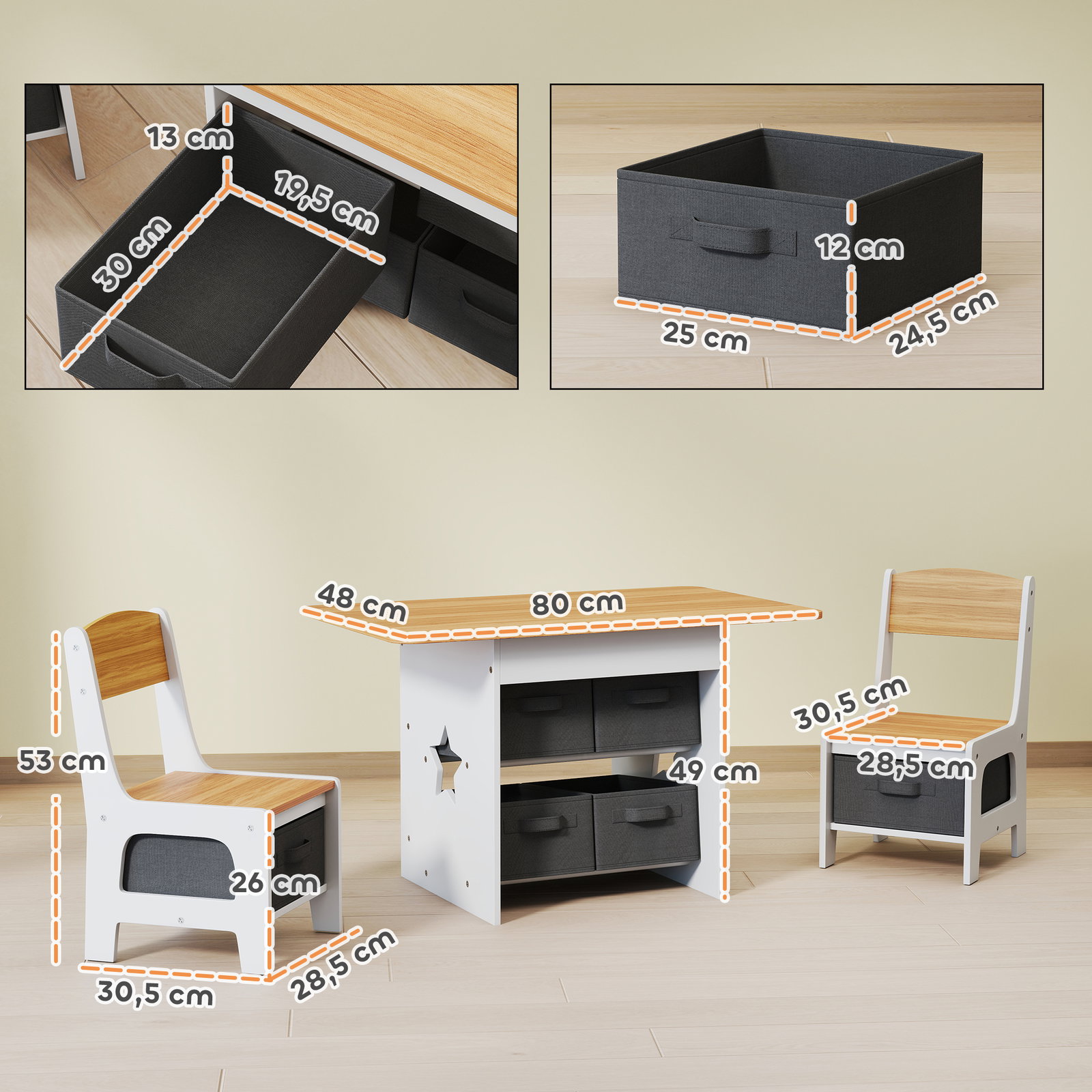 Mesa infantil com 2 cadeiras mesa e cadeiras para crianças com 6 gavetas de tecido desenho estrelas madeira e branco
