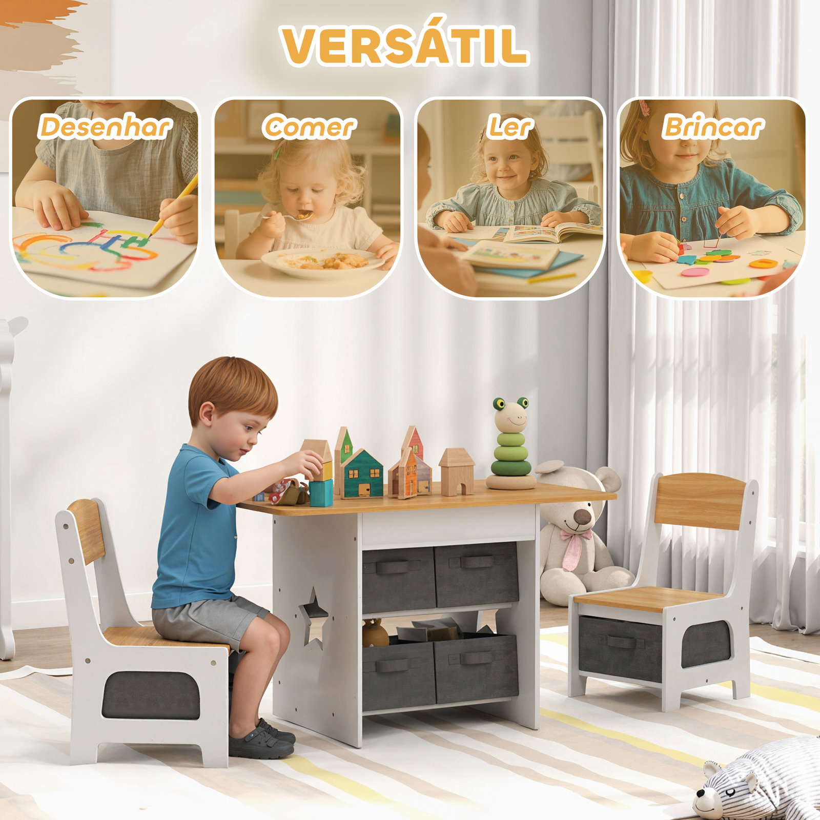 Mesa infantil com 2 cadeiras mesa e cadeiras para crianças com 6 gavetas de tecido desenho estrelas madeira e branco