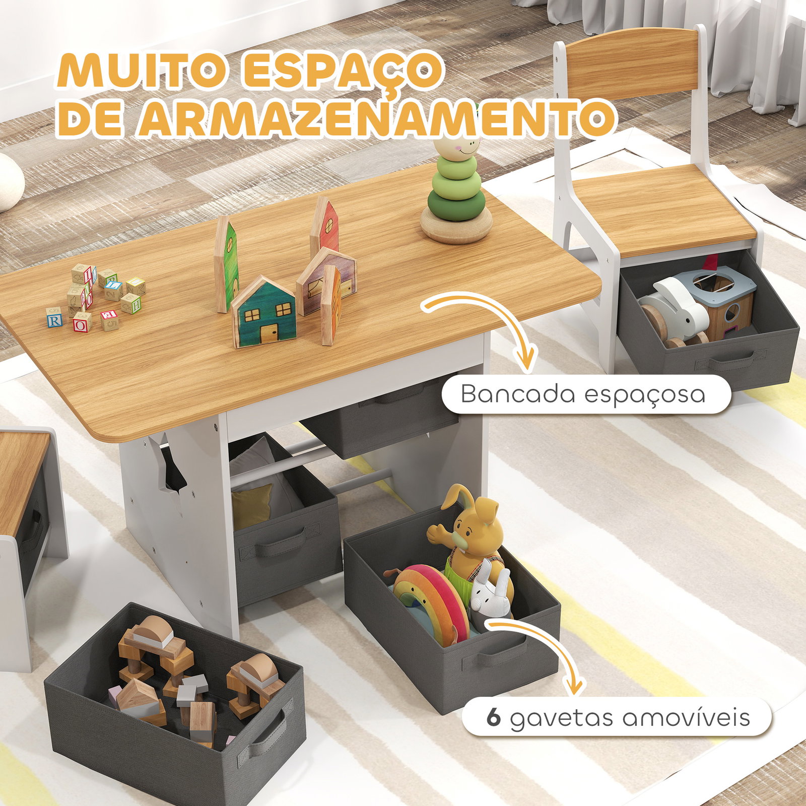 Mesa infantil com 2 cadeiras mesa e cadeiras para crianças com 6 gavetas de tecido desenho estrelas madeira e branco