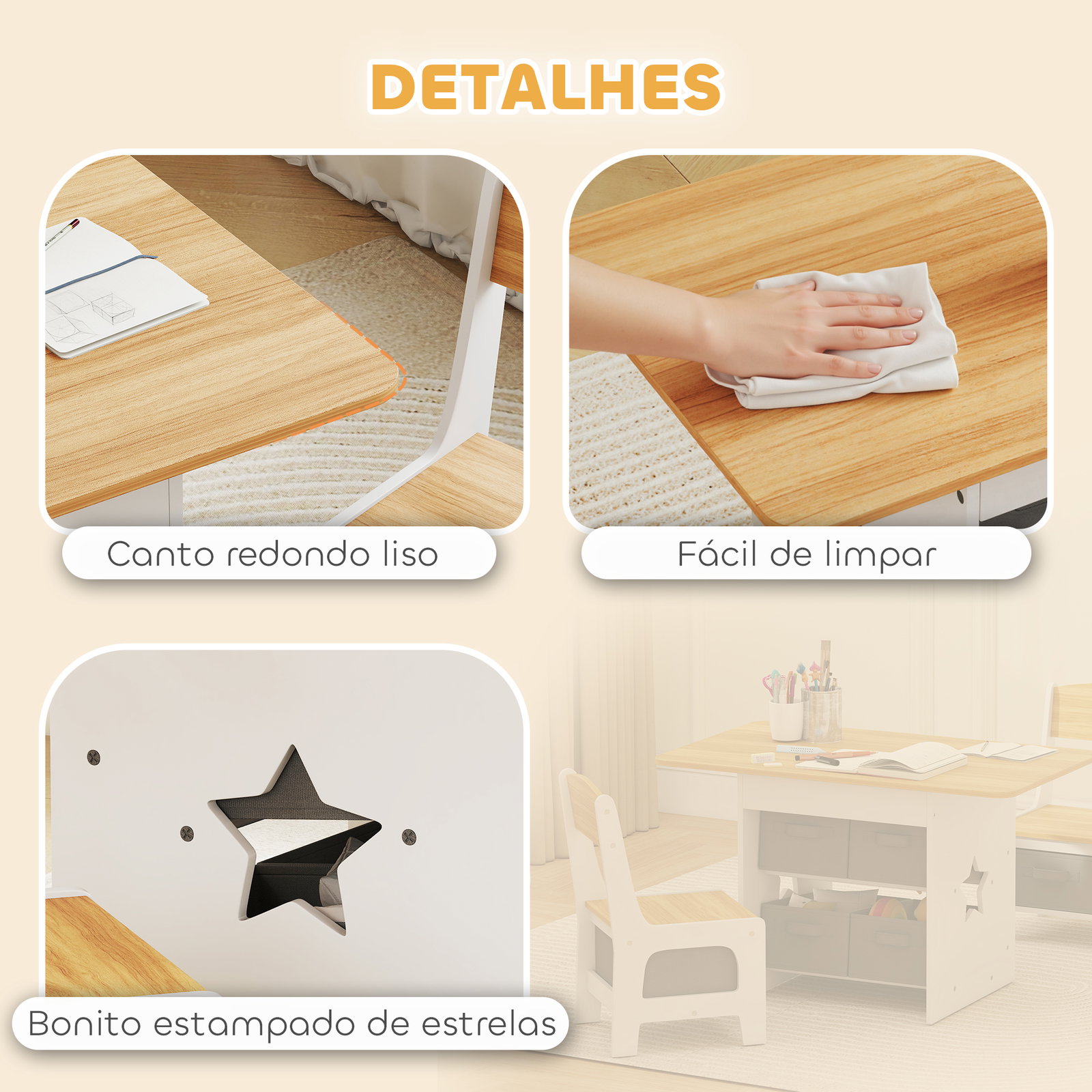 Mesa infantil com 2 cadeiras mesa e cadeiras para crianças com 6 gavetas de tecido desenho estrelas madeira e branco