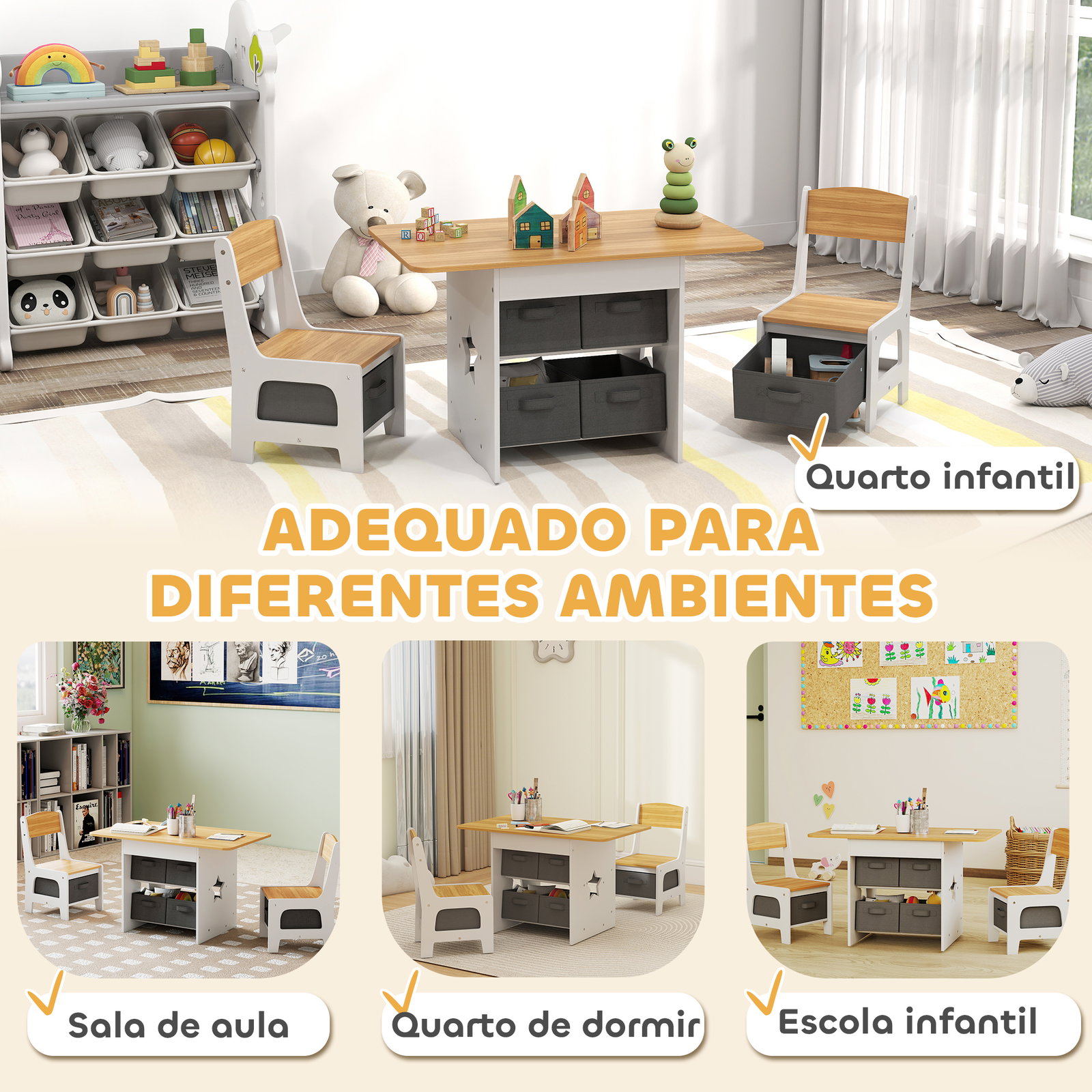 Mesa infantil com 2 cadeiras mesa e cadeiras para crianças com 6 gavetas de tecido desenho estrelas madeira e branco