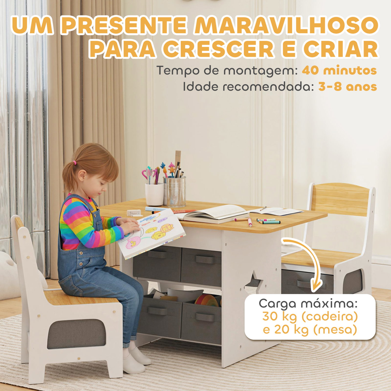 Mesa infantil com 2 cadeiras mesa e cadeiras para crianças com 6 gavetas de tecido desenho estrelas madeira e branco