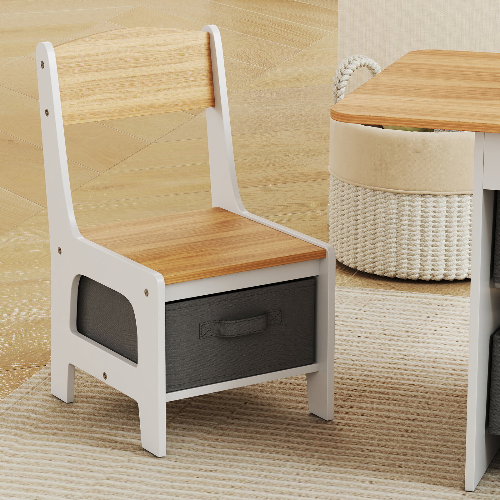 Mesa infantil com 2 cadeiras mesa e cadeiras para crianças com 6 gavetas de tecido desenho estrelas madeira e branco