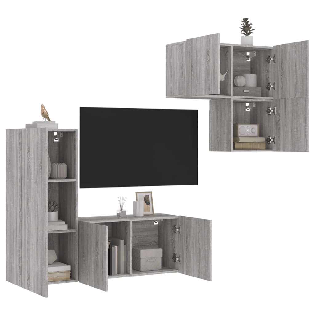 4 Pcs móveis de parede p/ TV derivados de madeira cinza sonoma