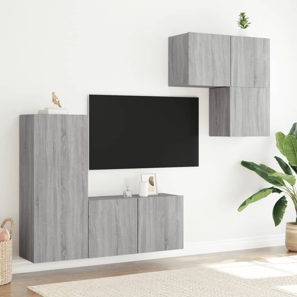 4 Pcs móveis de parede p/ TV derivados de madeira cinza sonoma