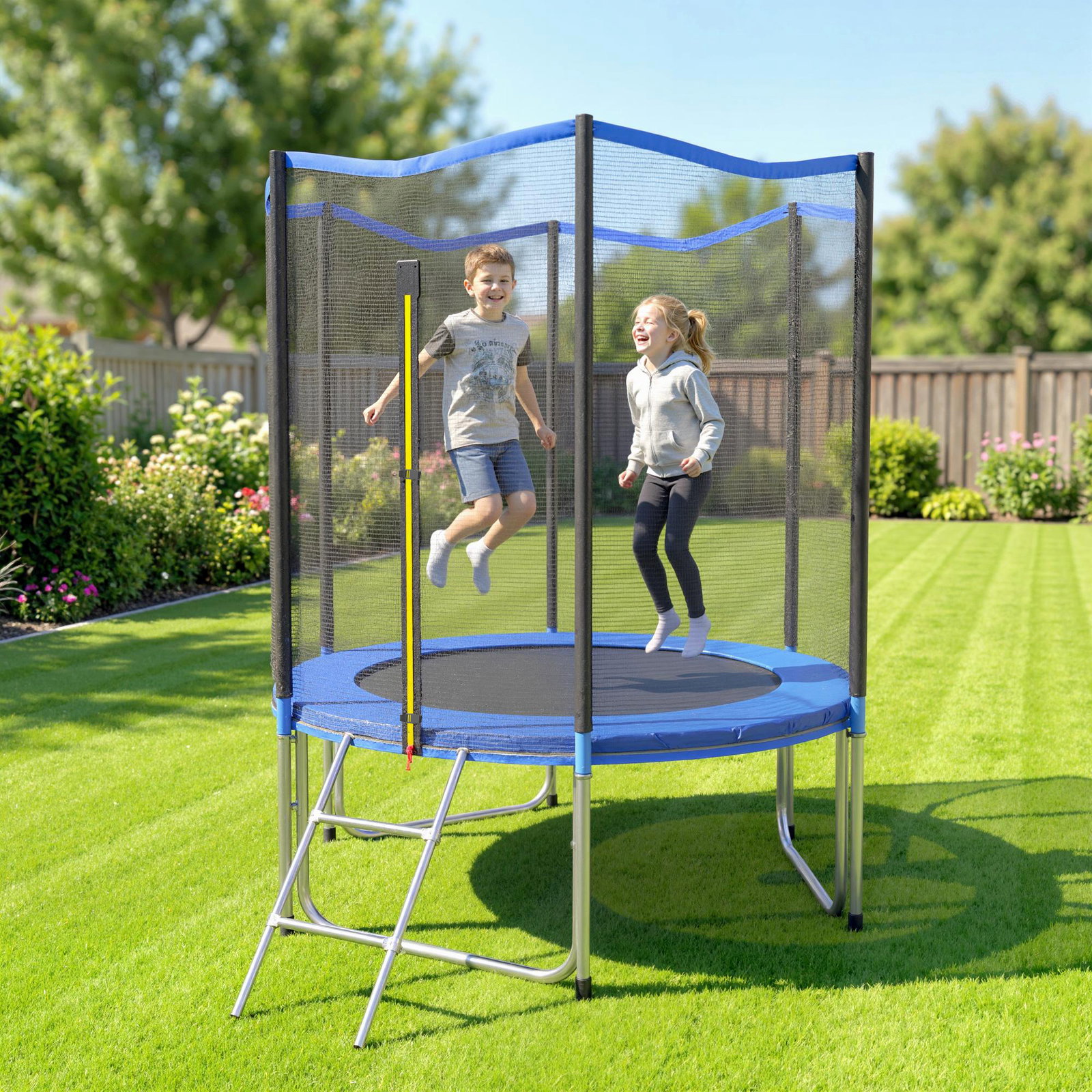 Cama elástica exterior ø183 cm trampolim para crianças com rede de segurança escada e acolchoamento de molas azul