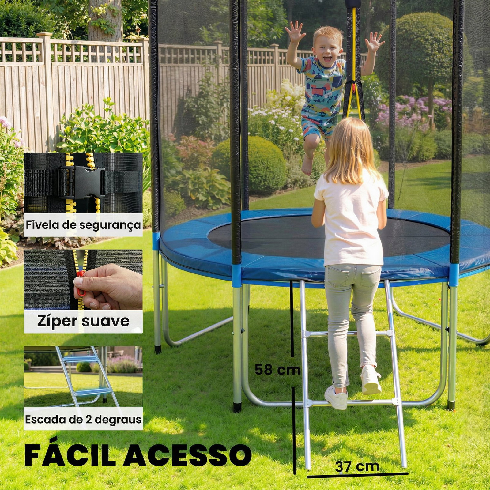 Cama elástica exterior ø183 cm trampolim para crianças com rede de segurança escada e acolchoamento de molas azul