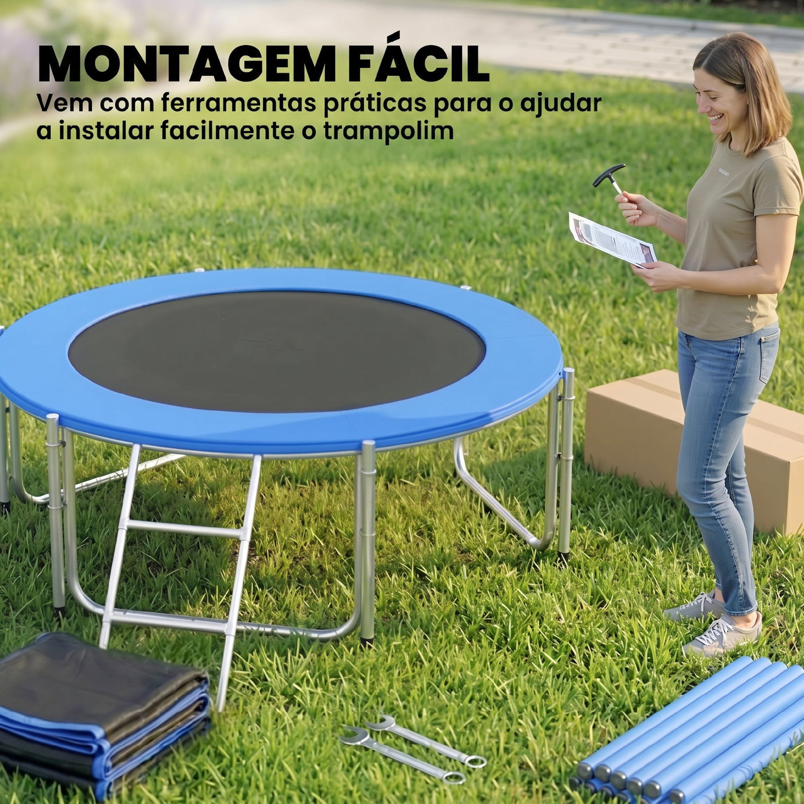 Cama elástica exterior ø183 cm trampolim para crianças com rede de segurança escada e acolchoamento de molas azul