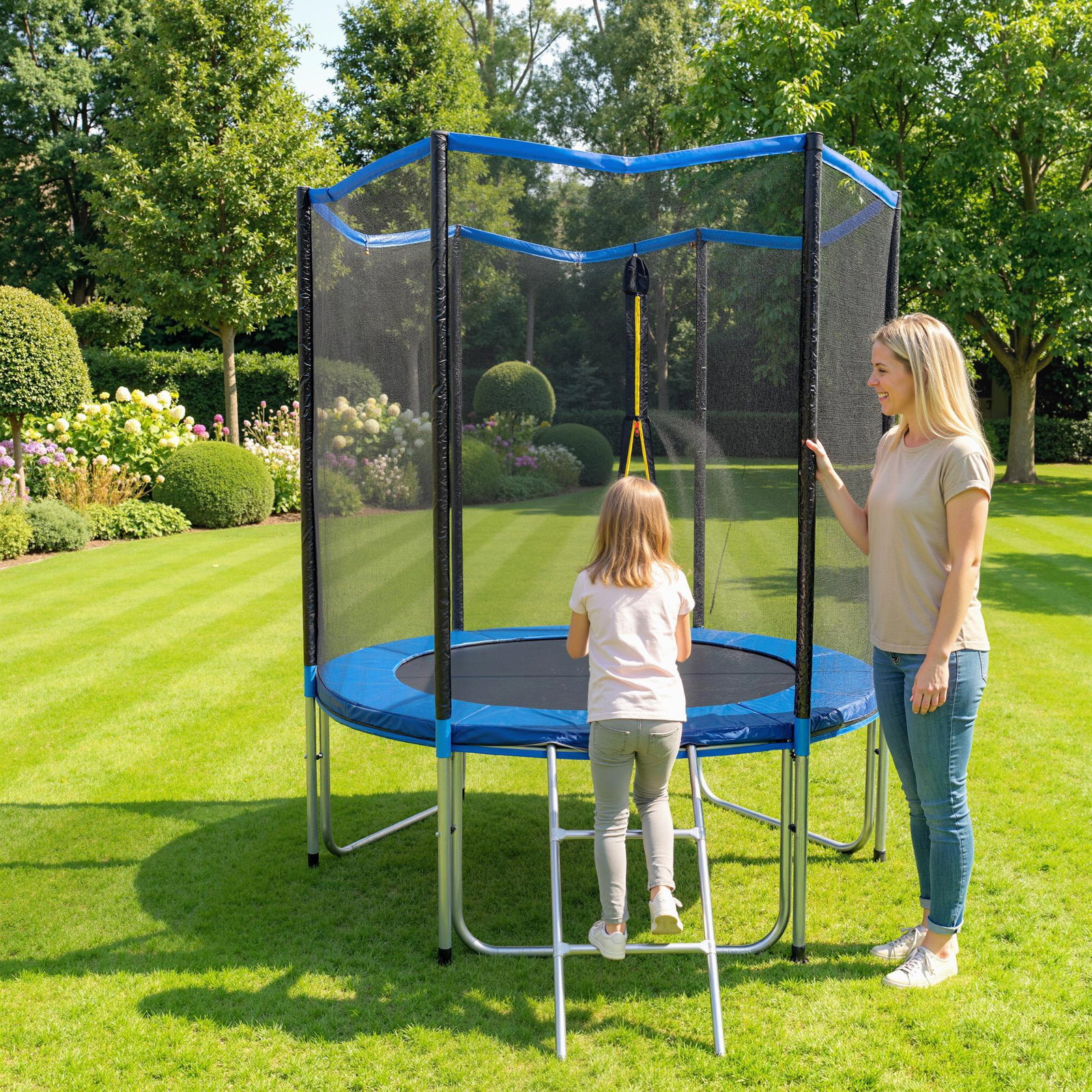 Cama elástica exterior ø183 cm trampolim para crianças com rede de segurança escada e acolchoamento de molas azul