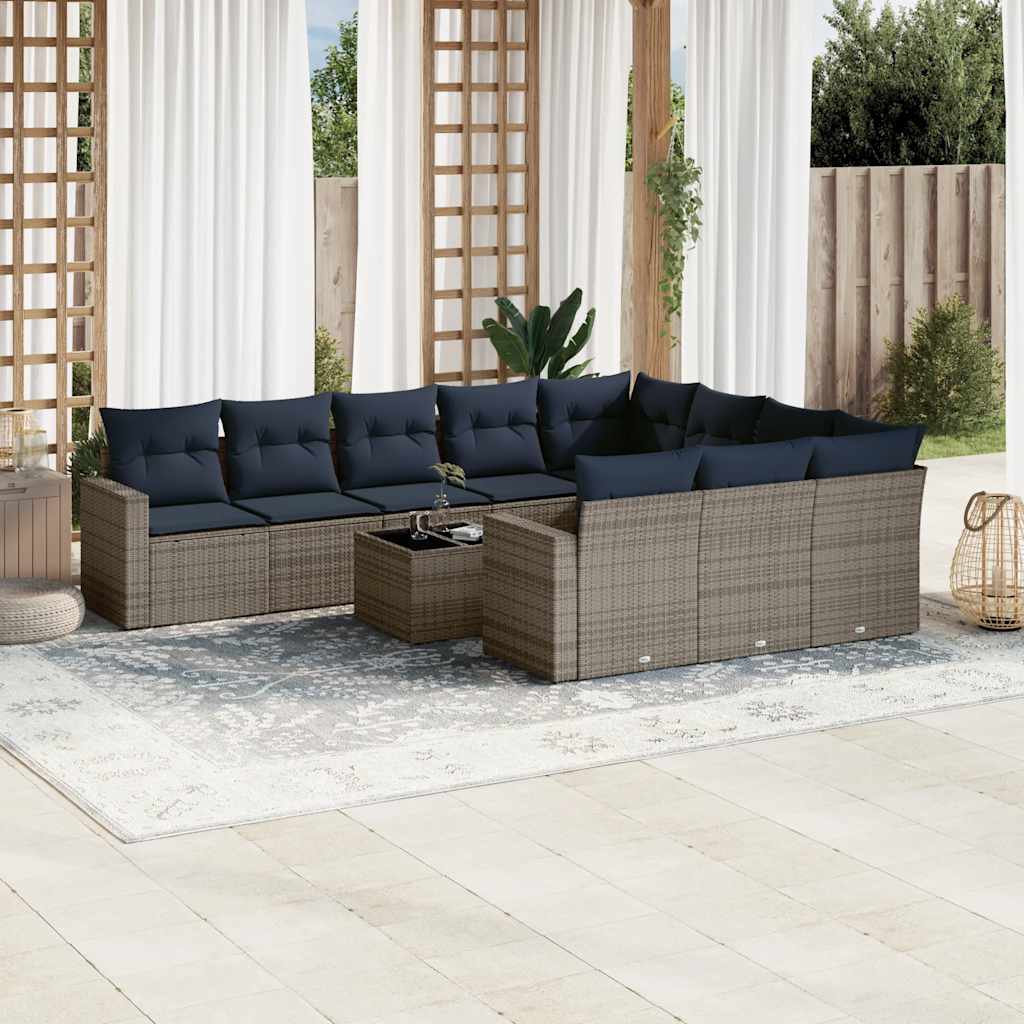 11 Pcs conjunto sofás de jardim c/ almofadões vime PE cinzento